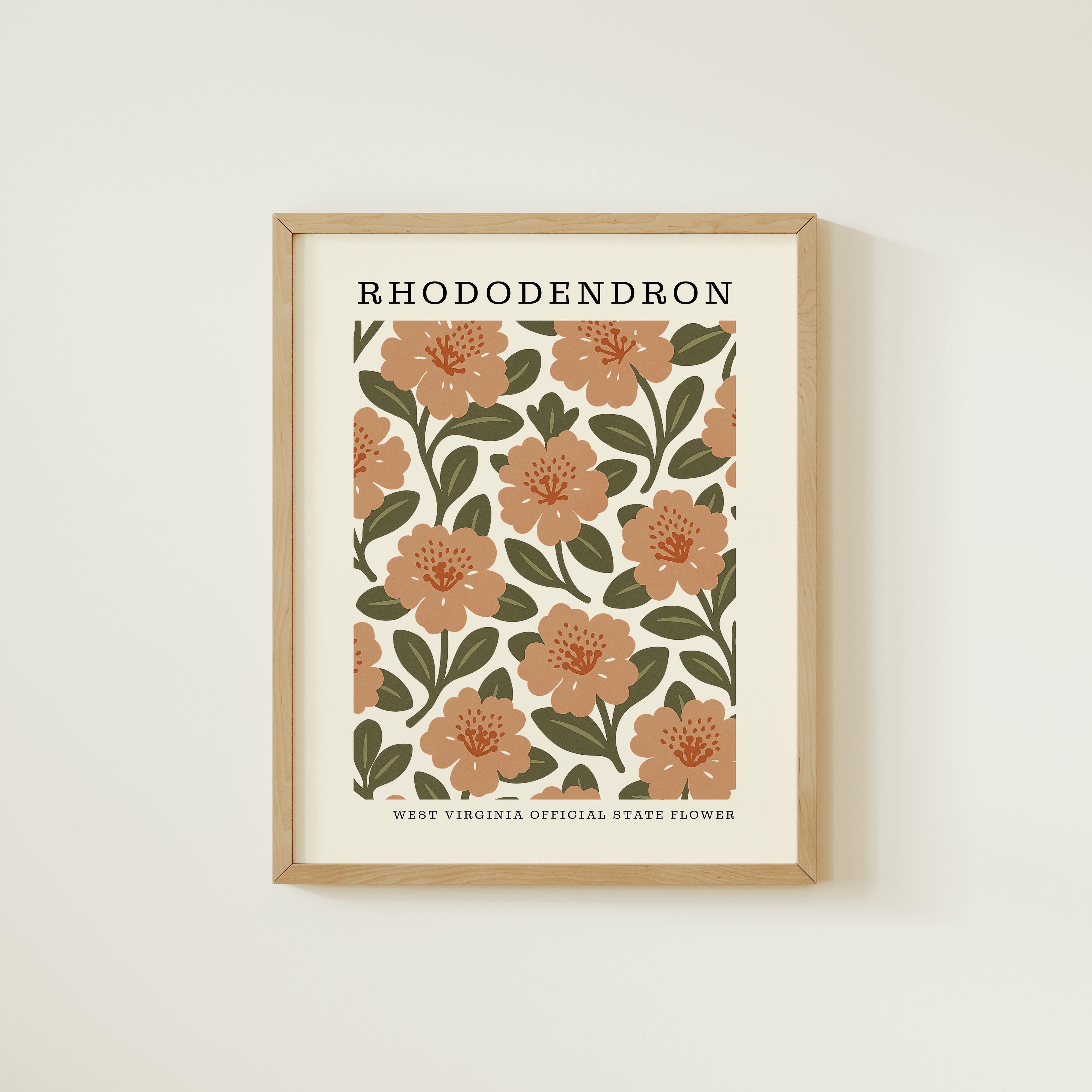 The image is a framed poster featuring a repeating pattern of orange flowers with green leaves, which appears to be a decorative piece.