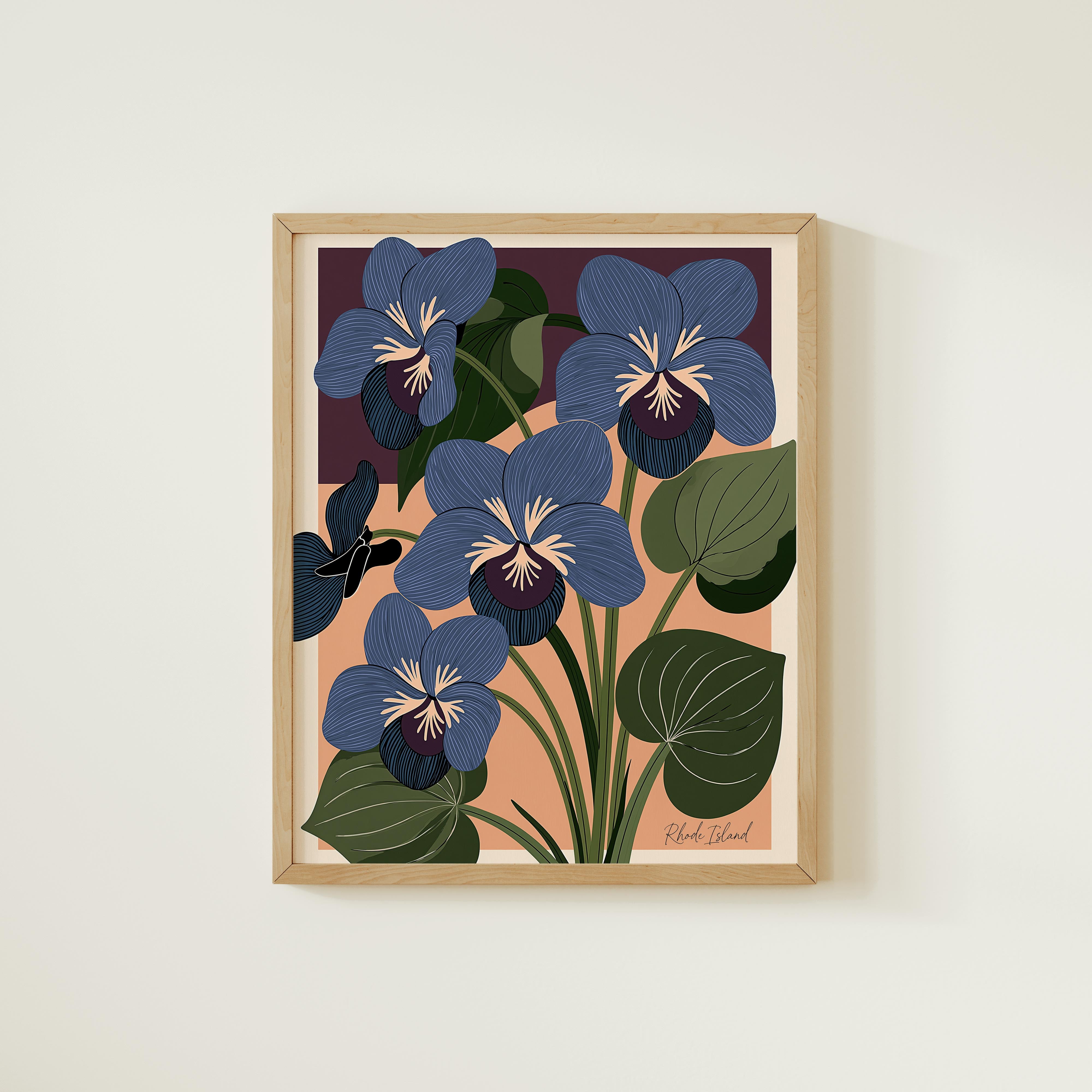 The image is a framed print featuring a vibrant illustration of blue flowers with green leaves.