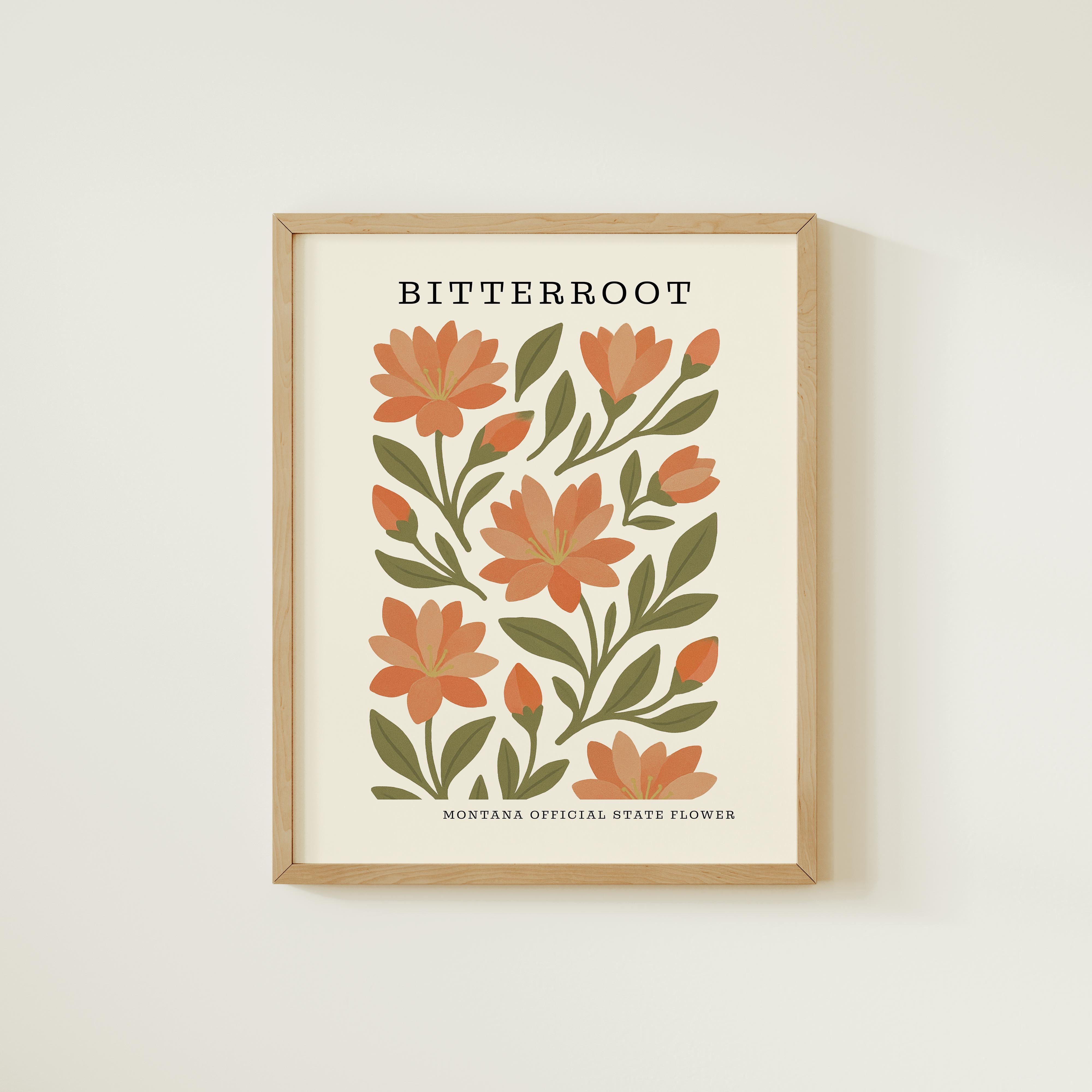 The image is a framed print featuring a floral design with orange flowers and green leaves.
