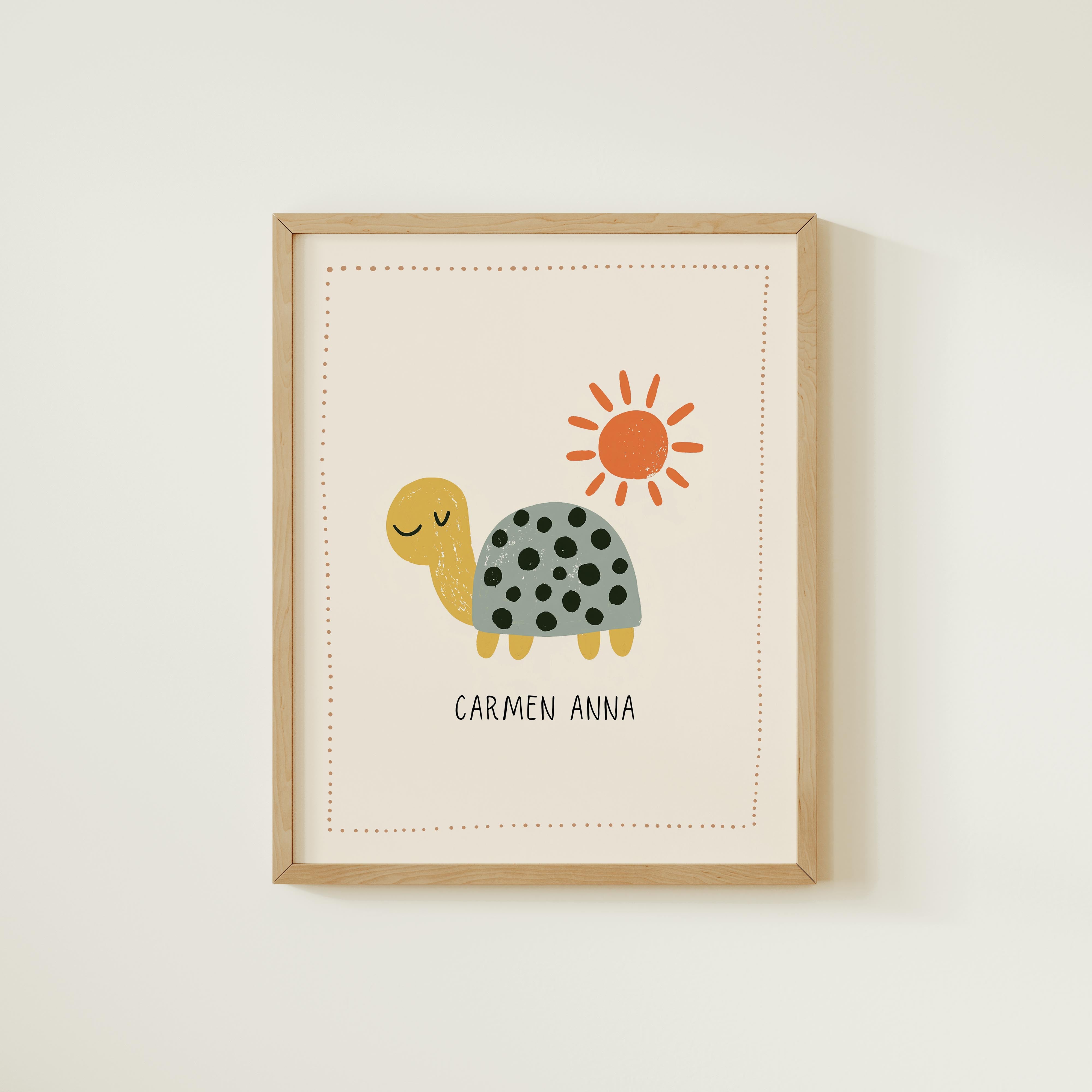 The image is a framed print featuring a cartoon turtle with a sun above it.