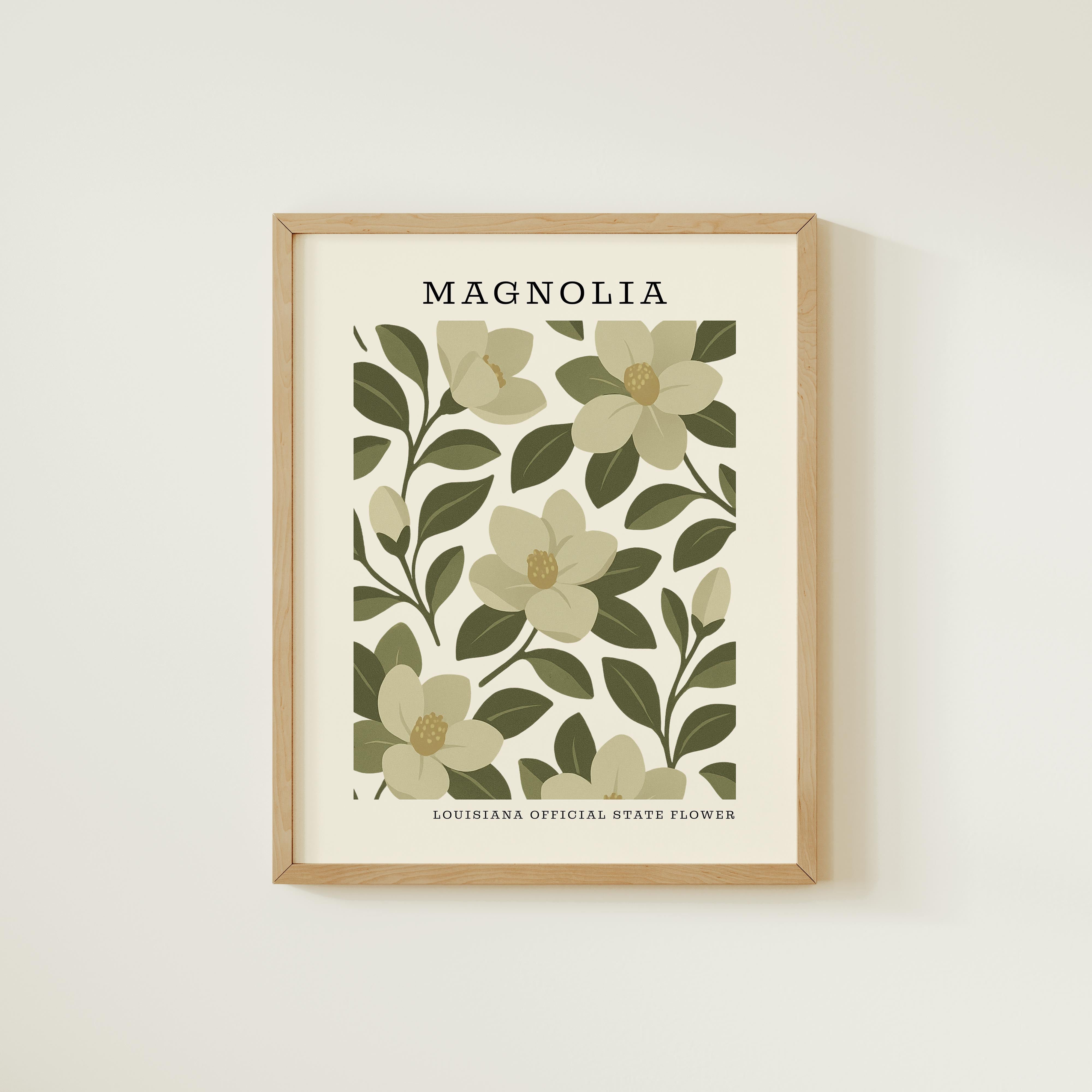 The image is a framed print featuring a floral design with white flowers and green leaves.