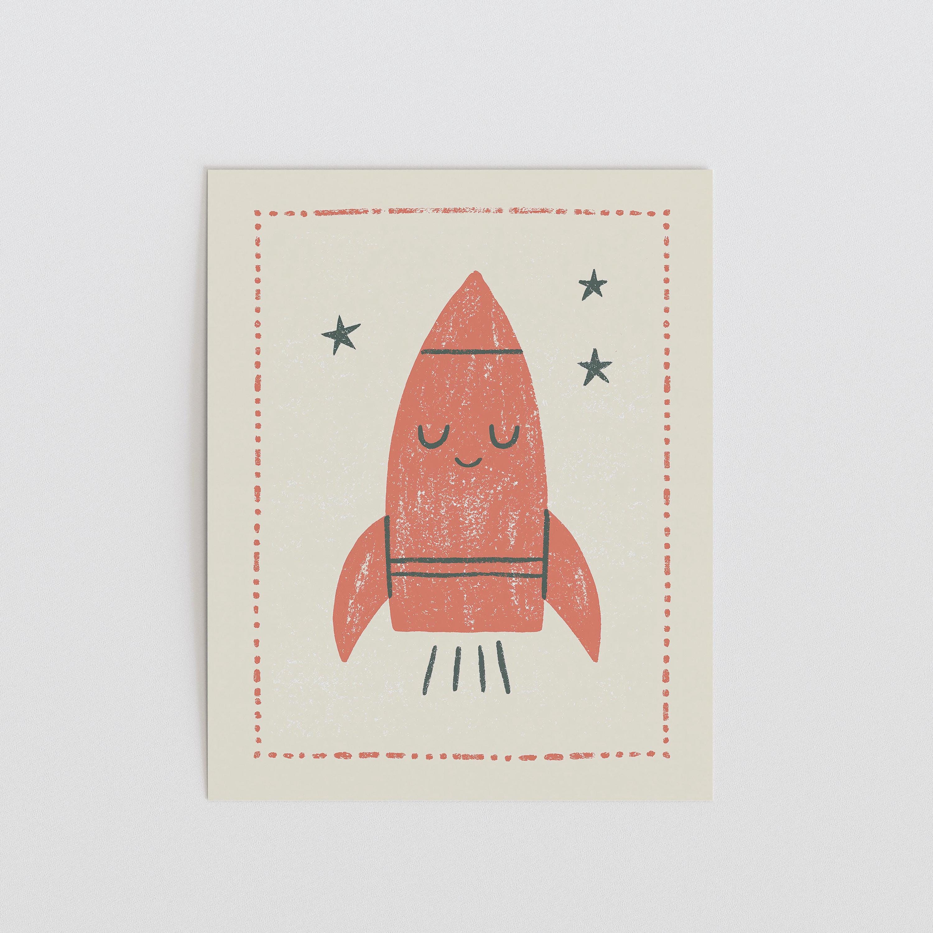 Coral Rocket Ship Nursery Print