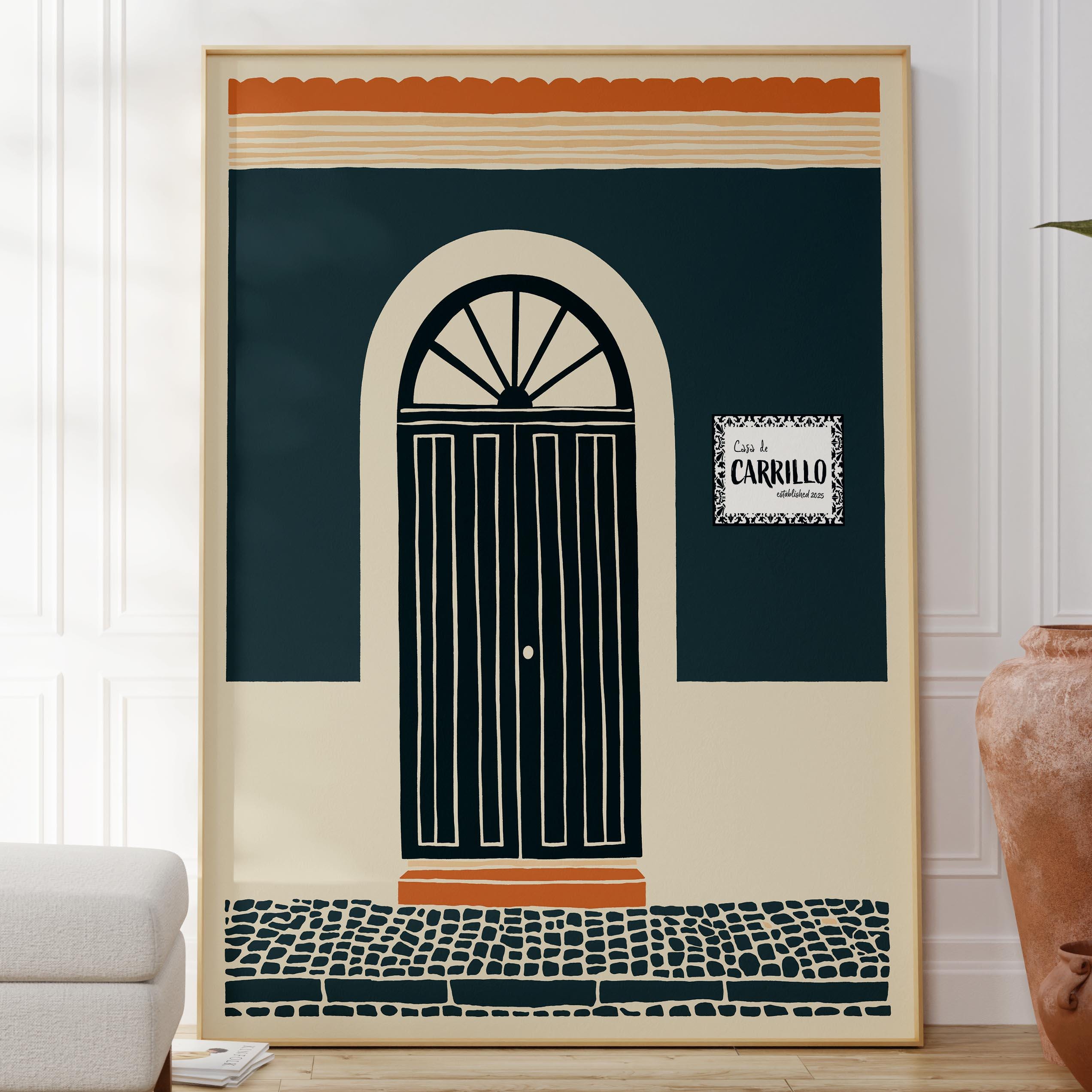 Personalized teal block print arched door art print, Puerto Rico