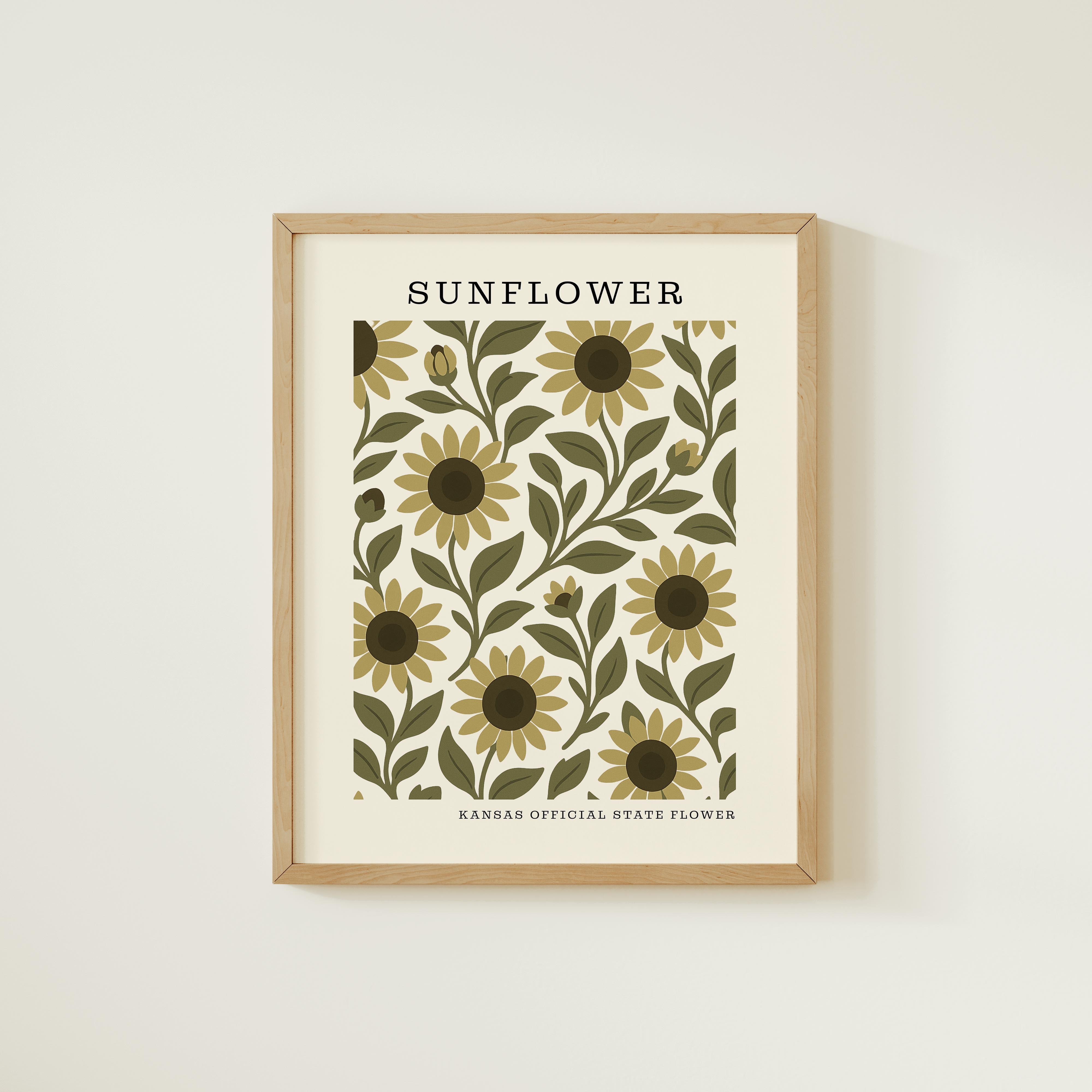 The image is a framed print featuring a repeating pattern of sunflowers and leaves in shades of green and yellow.