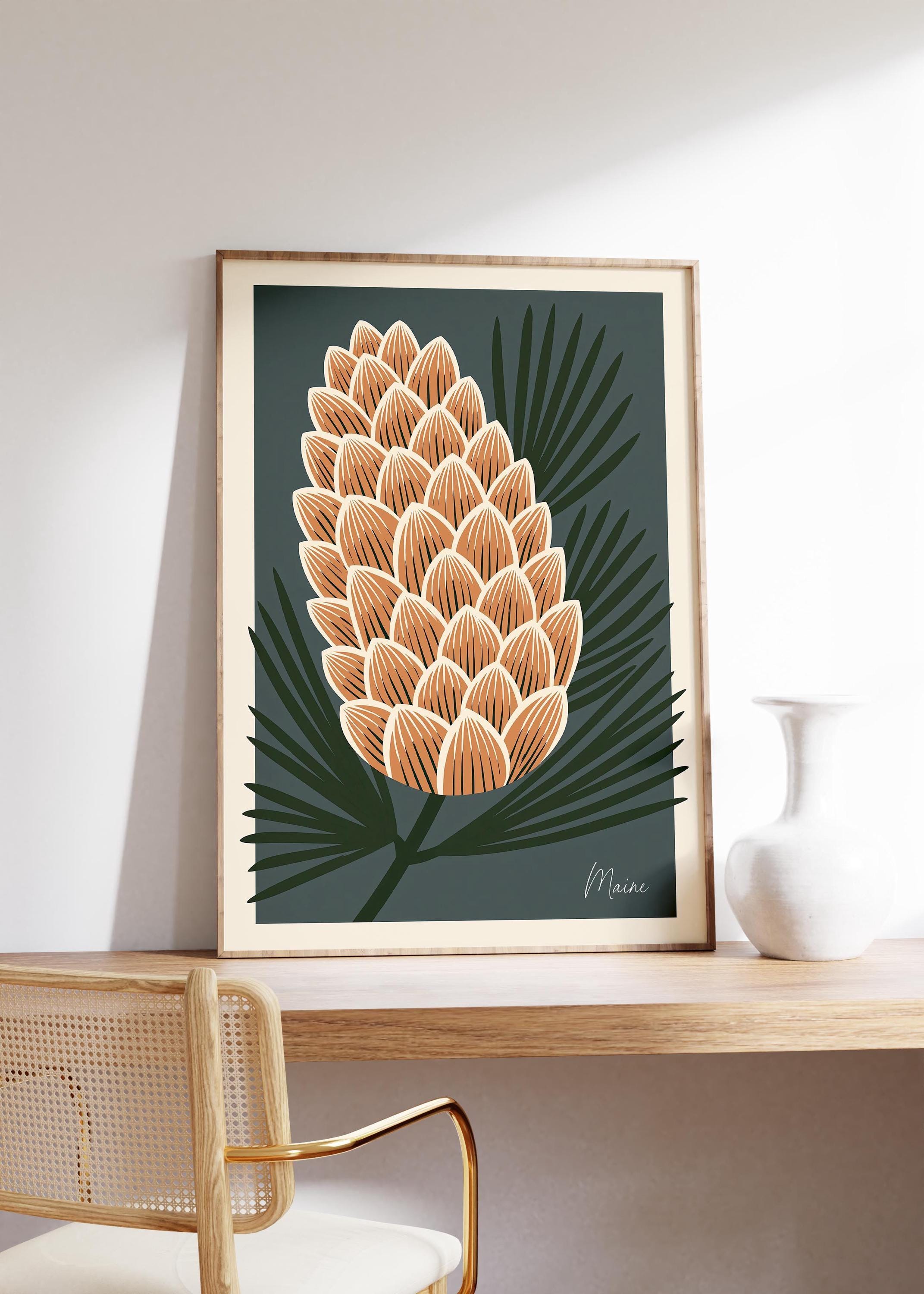 Maine state flower art print, white pine cone and tassel