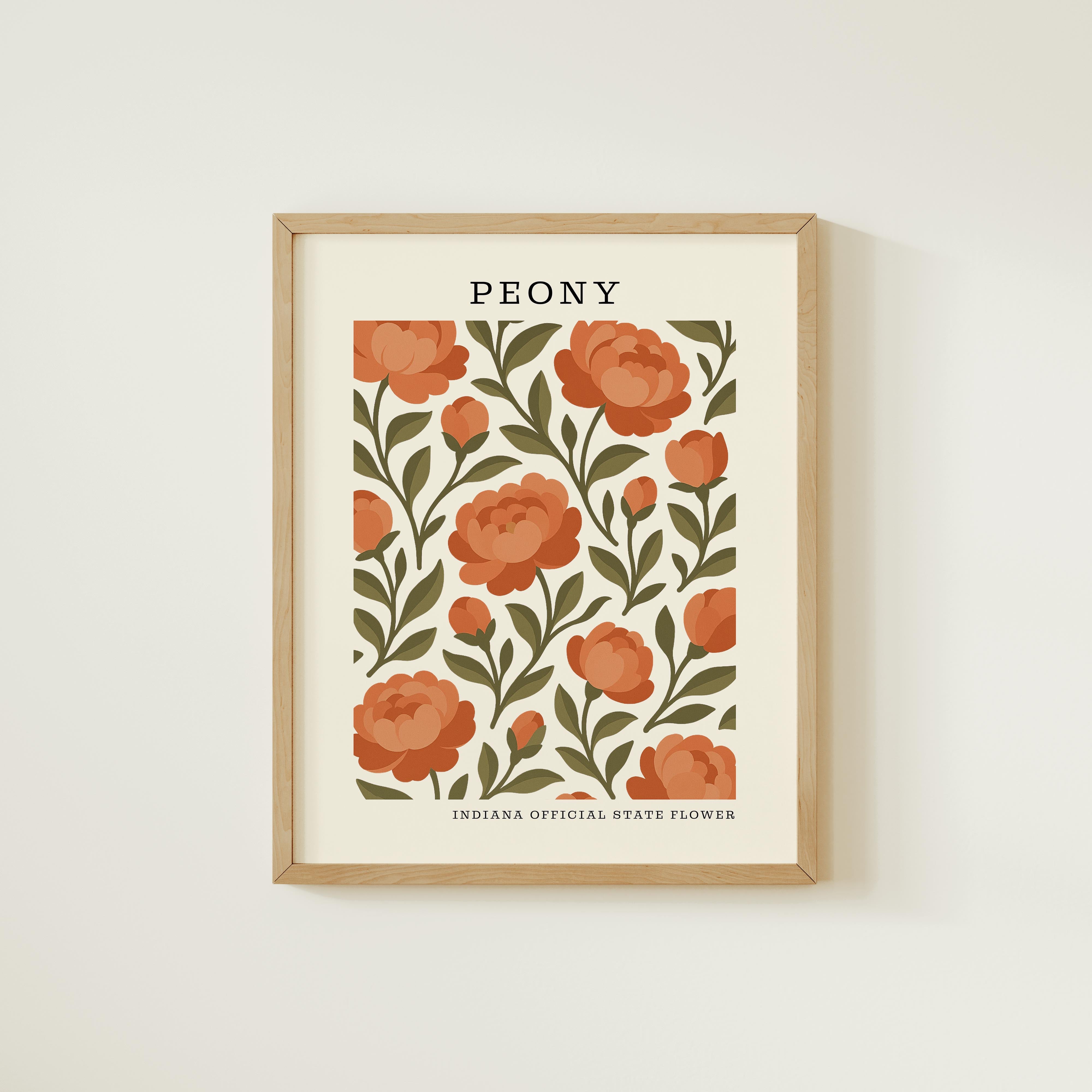 The image is a framed print featuring a repeating pattern of orange peonies with green leaves.