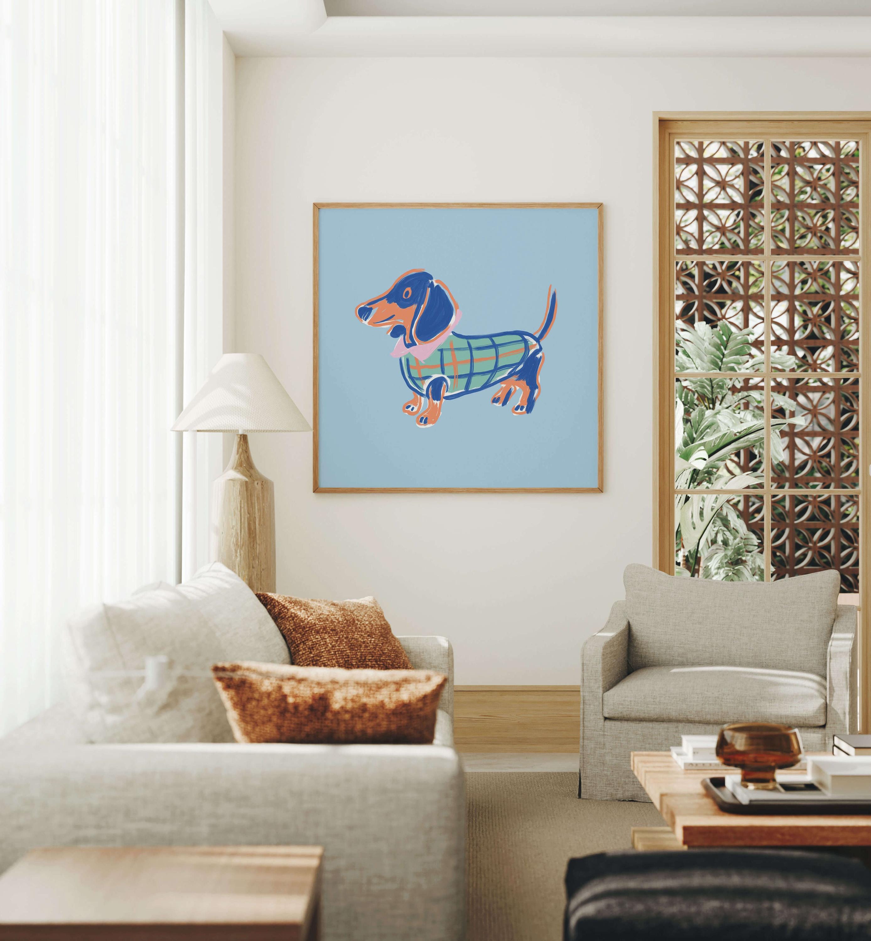 Dachshund plaid coat art print