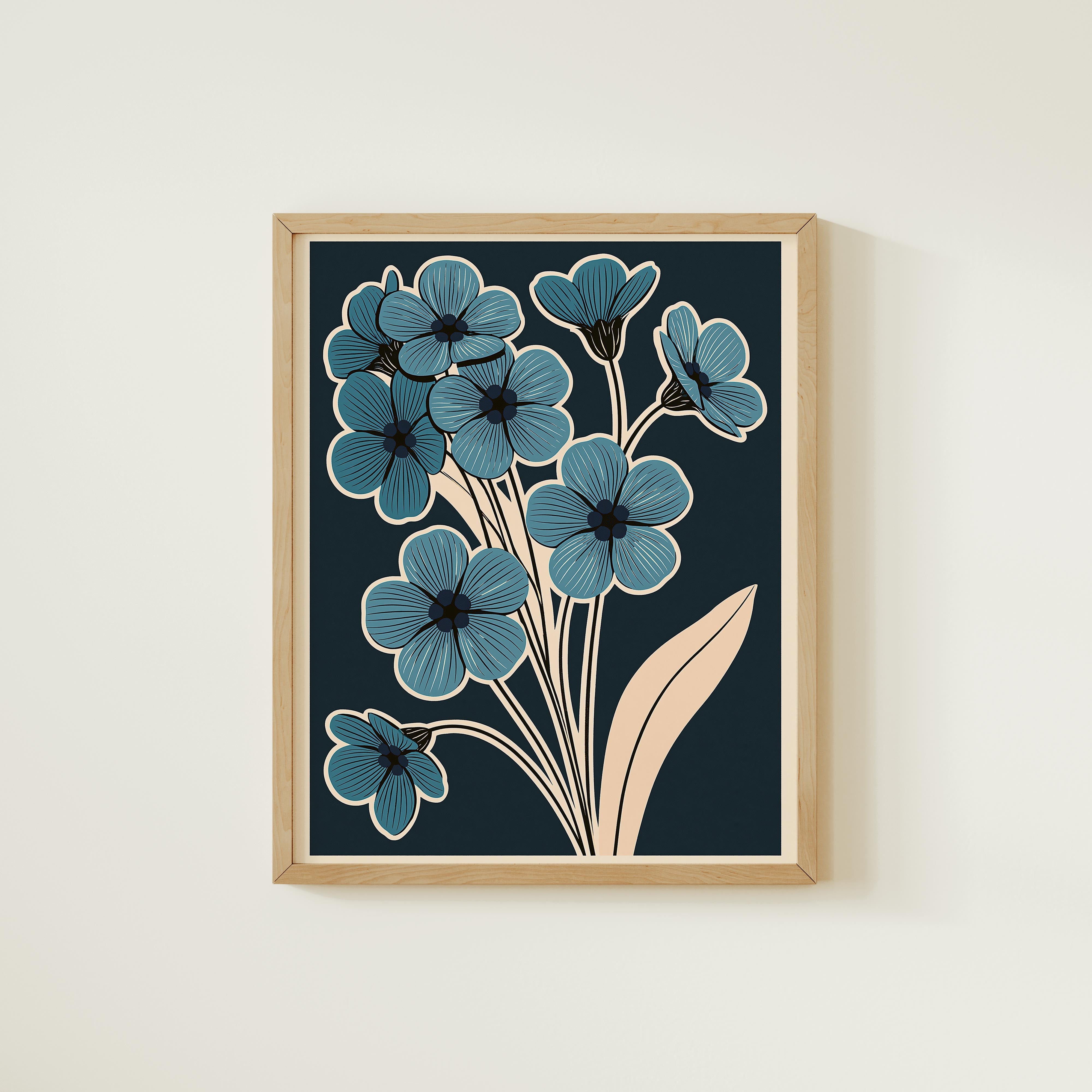 a framed artwork of blue flowers on a dark background.