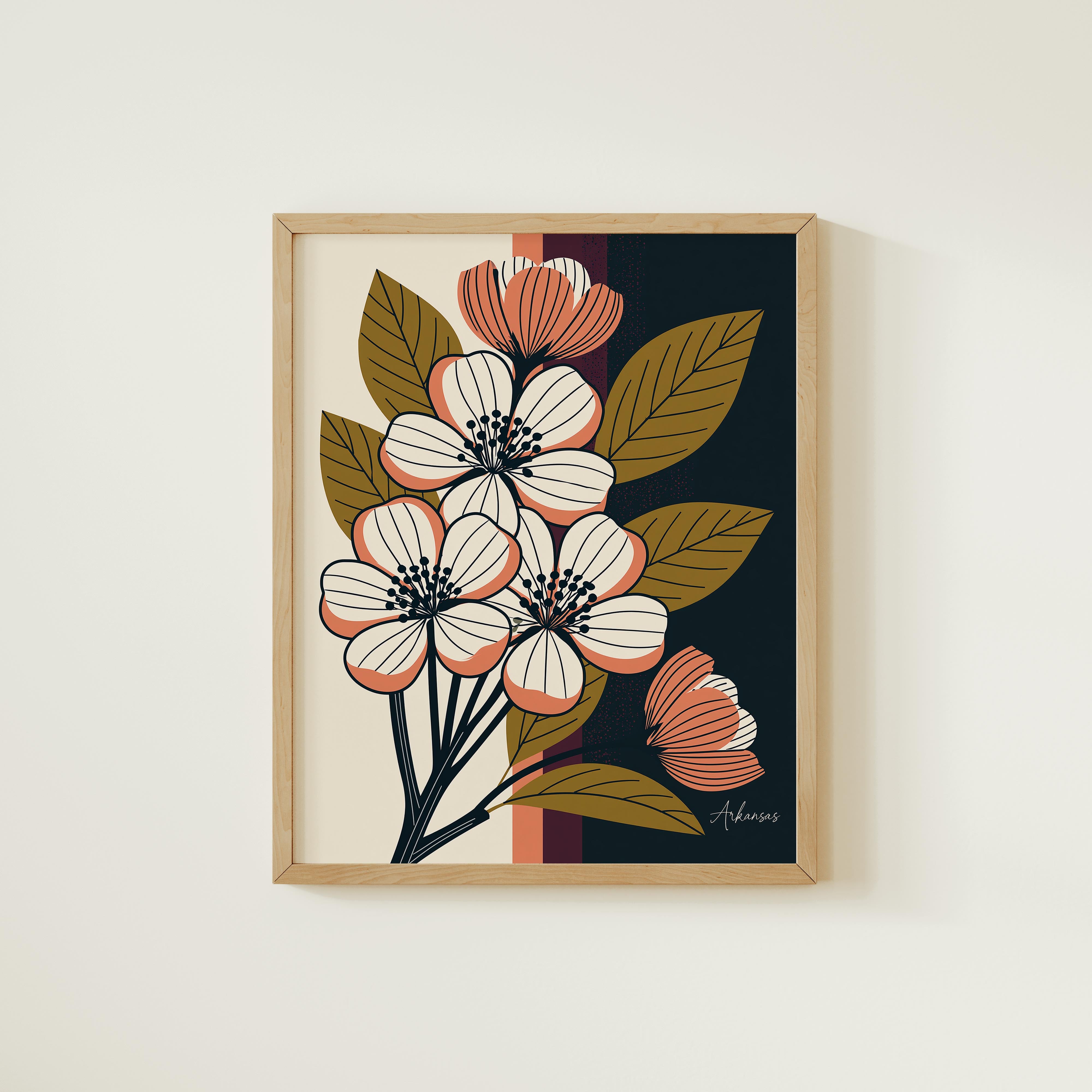 The image is a framed print featuring a stylized floral design with white and orange flowers and green leaves.