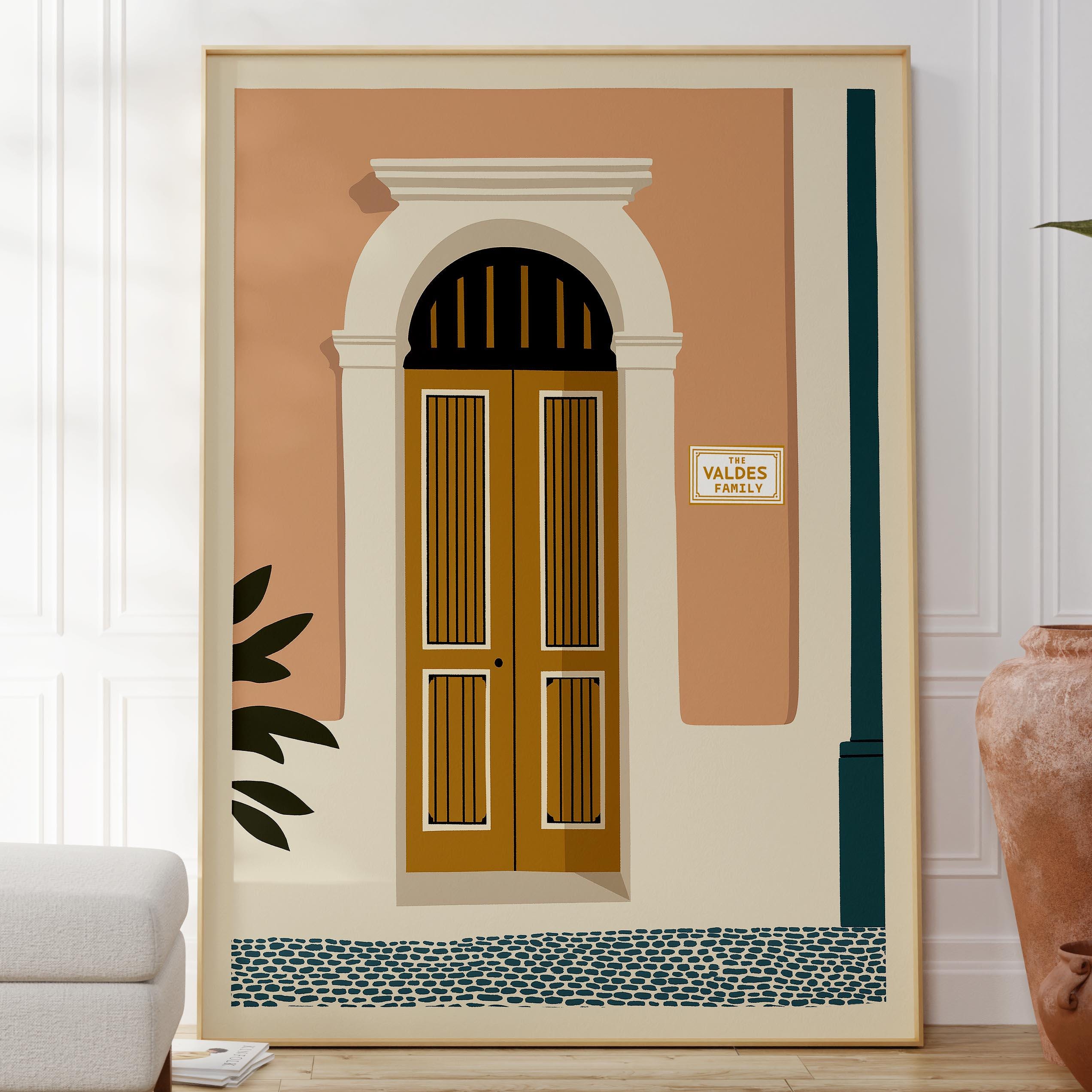 Personalized Old San Juan gold arched door art print, Puerto Rico