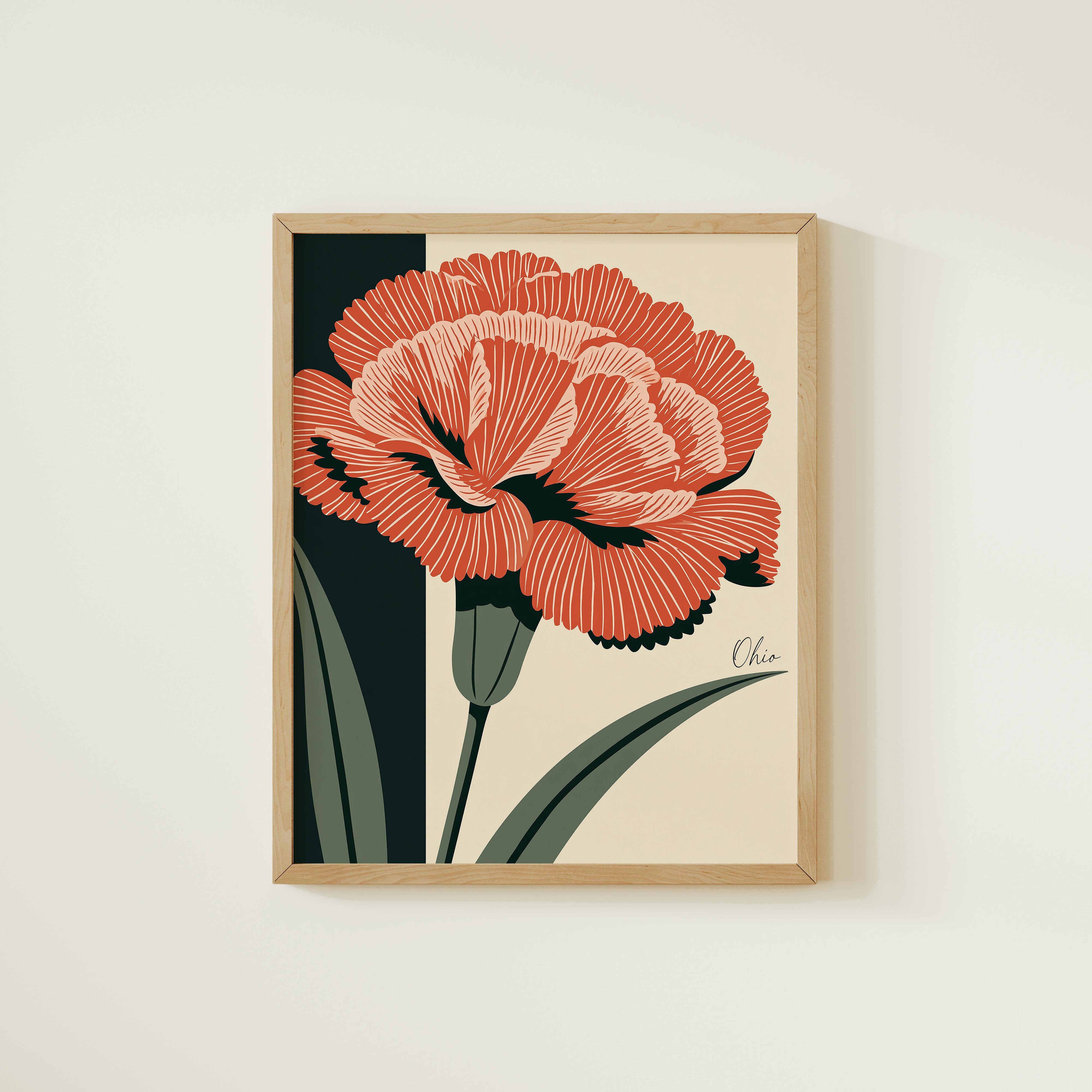 a framed illustration of a large, vibrant red flower with a dark green stem and leaves.