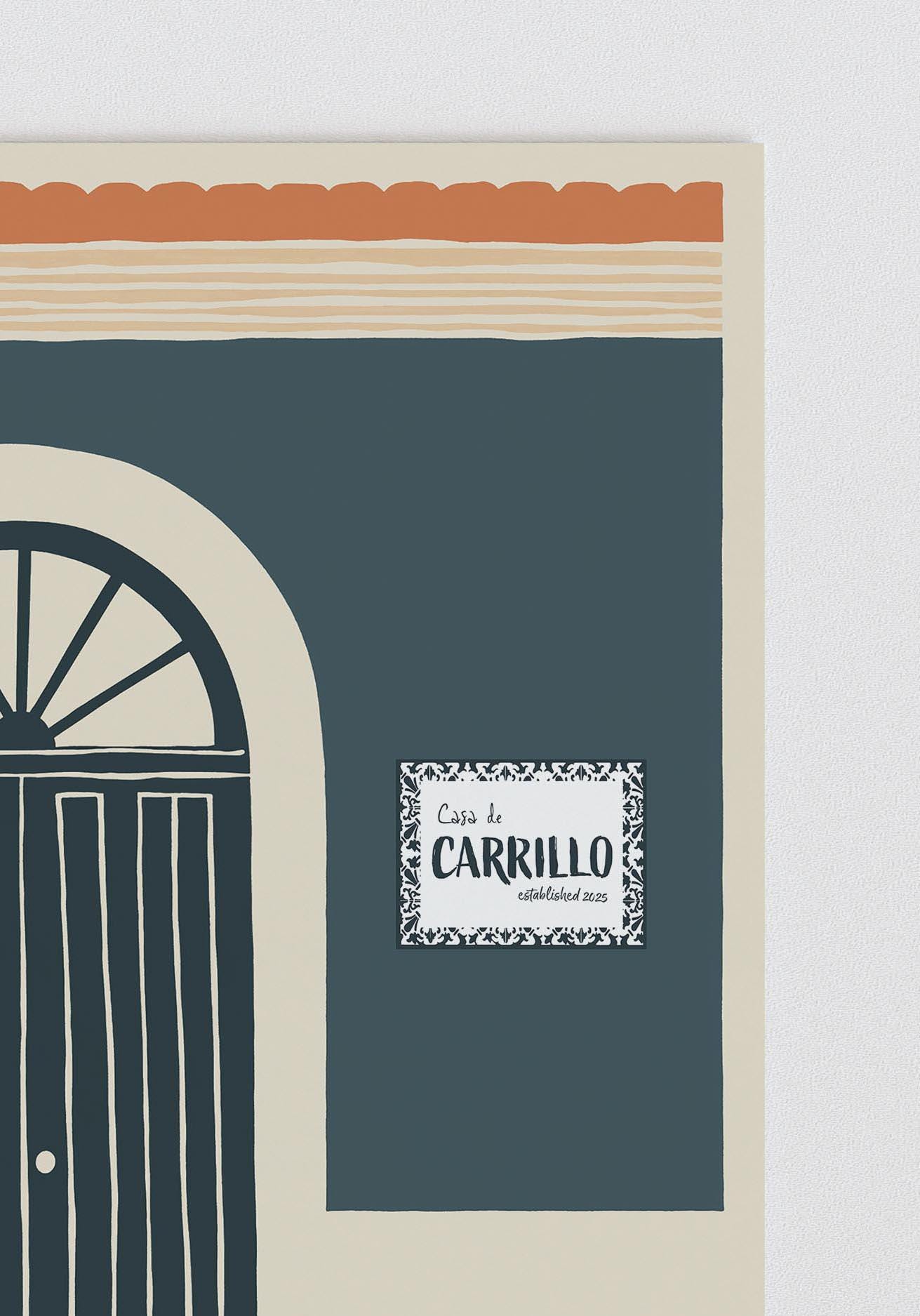 Personalized teal block print arched door art print, Puerto Rico