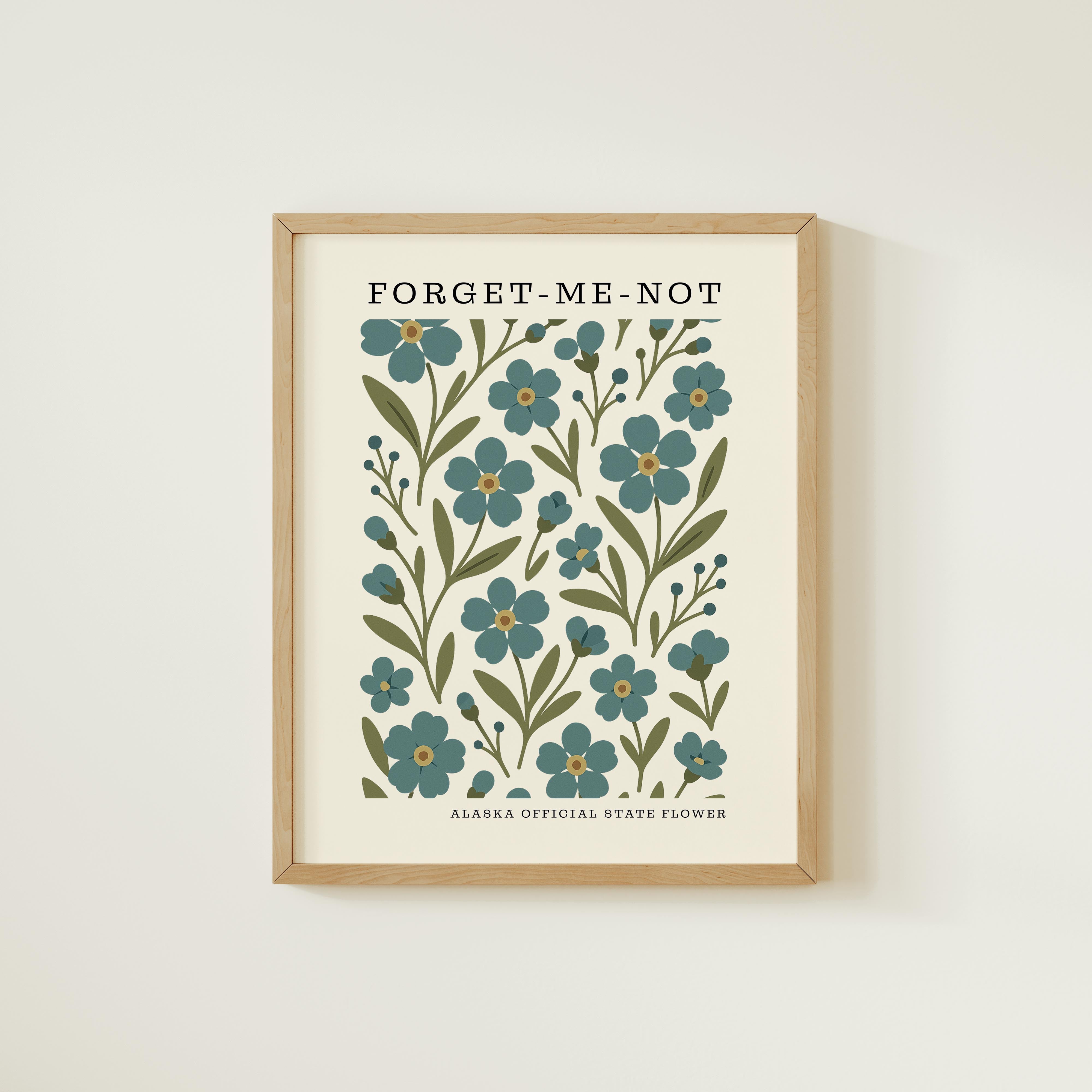 The image is a framed print featuring a repeating pattern of blue flowers and green leaves, with the text "Forget-ME-NOT" at the top and "ALASKA OFFICIAL STATE FLOWER" at the bottom.