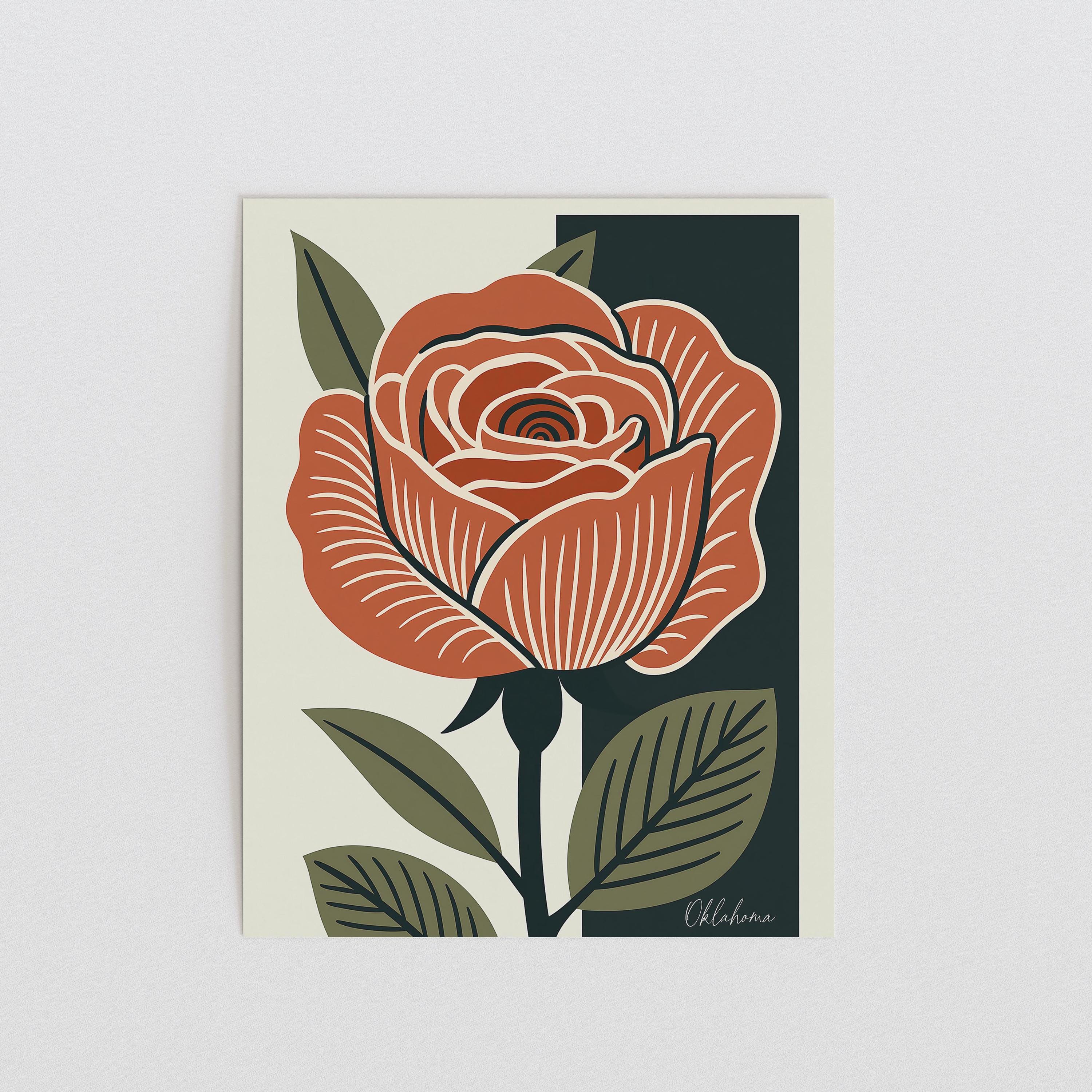 Oklahoma state flower art print, Oklahoma rose