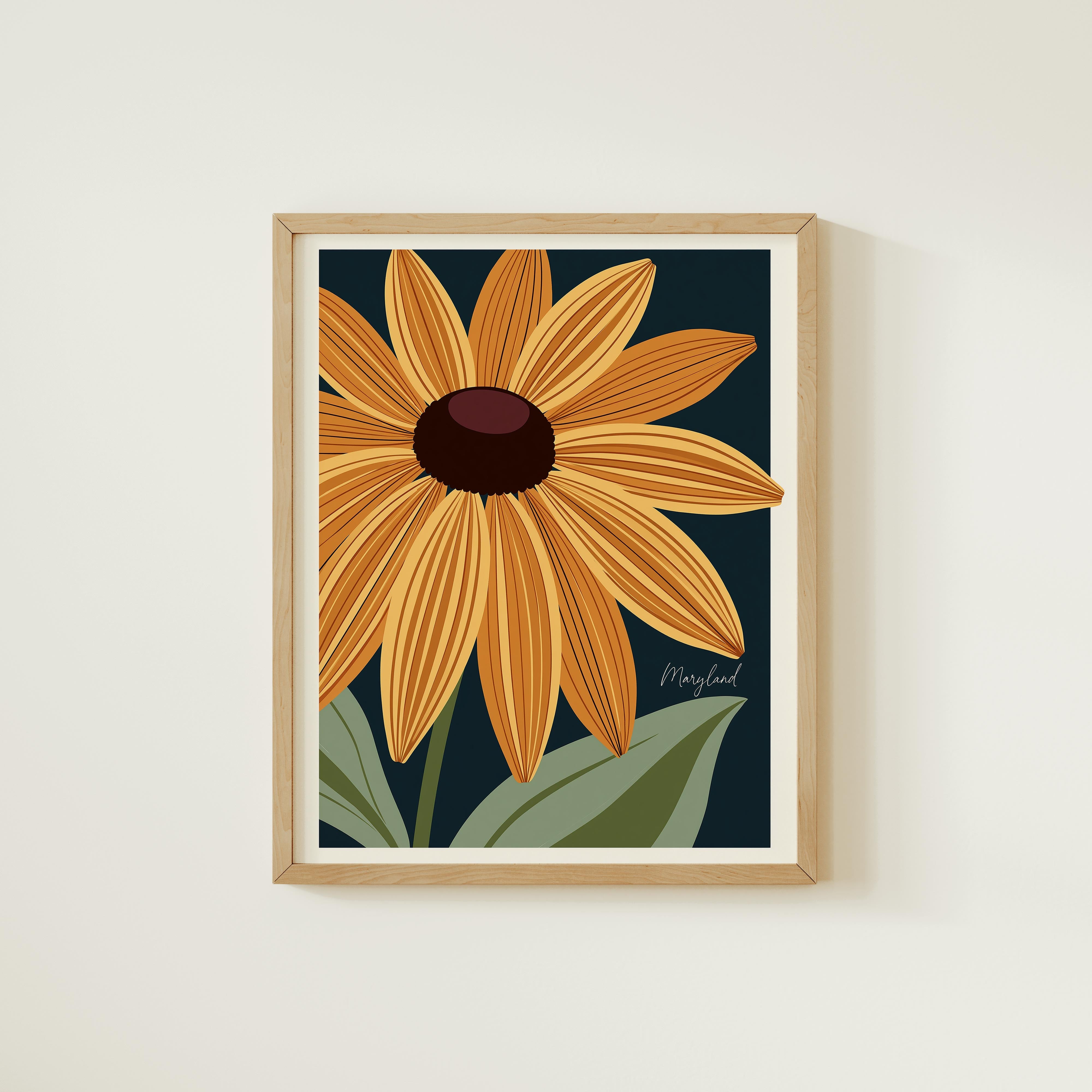 The image is a framed print of a large, vibrant yellow flower with a dark green background.