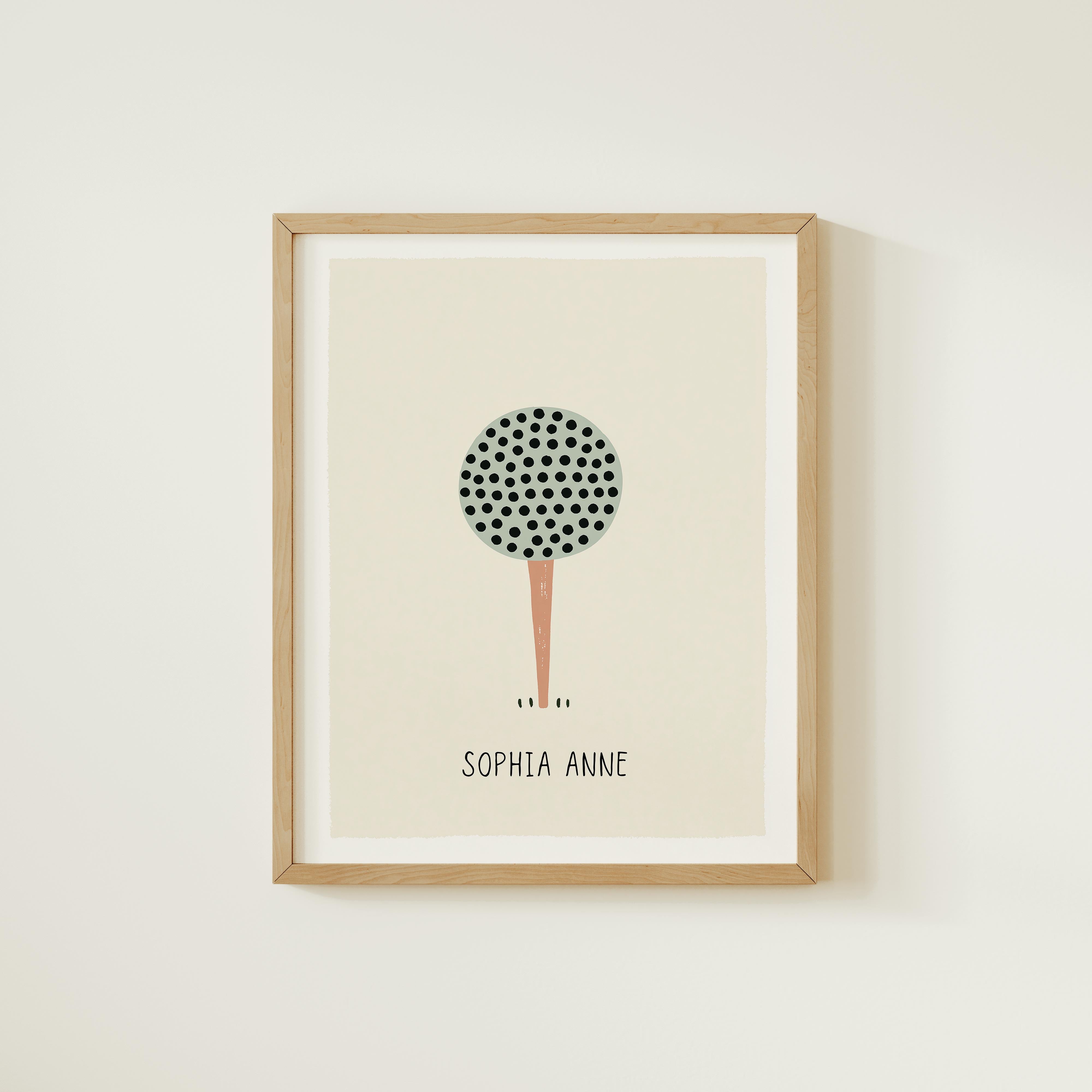 The image is a framed print featuring a minimalist design of a tree with a circular pattern on its leaves. The name "Sophia Anne" is written below the tree.