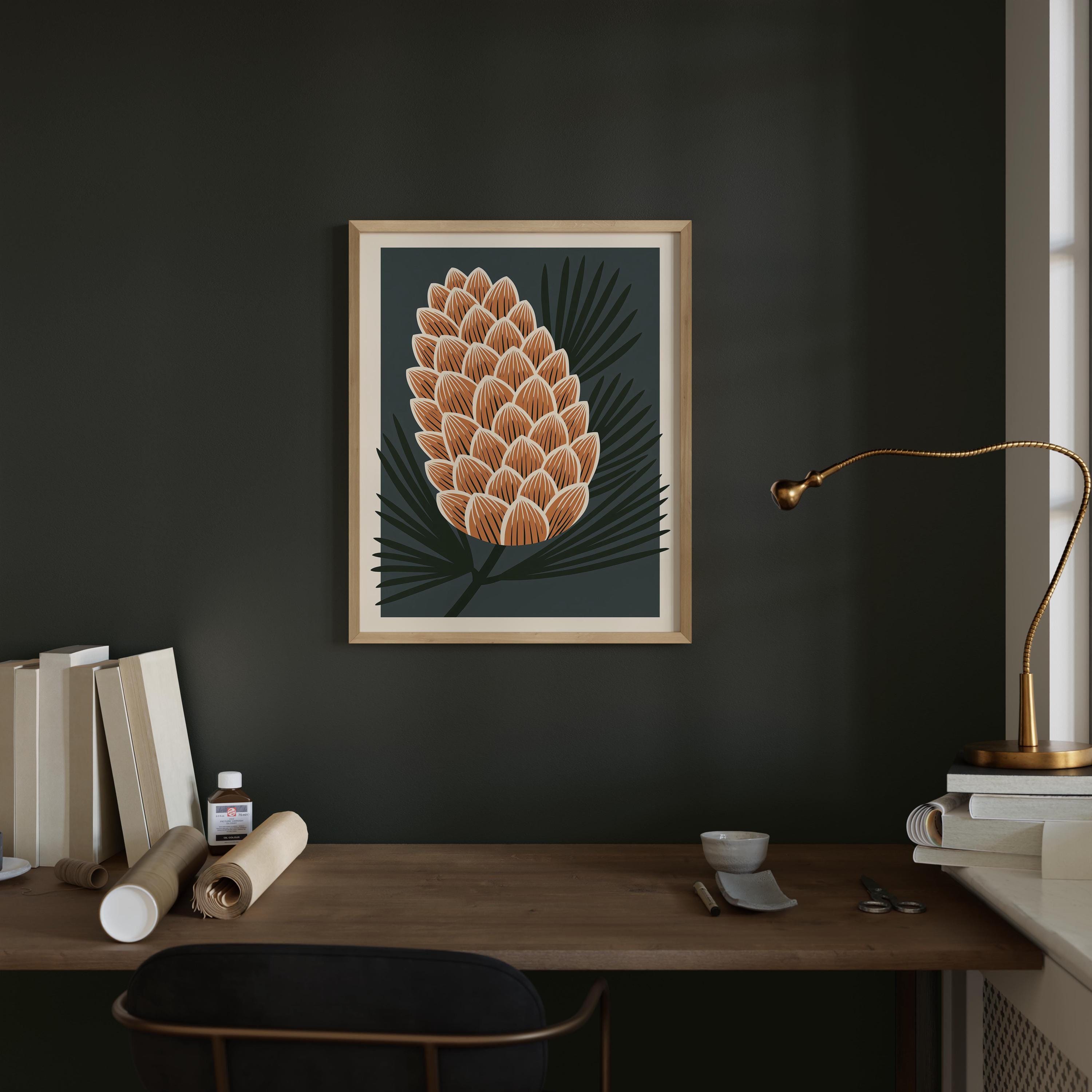 Maine state flower art print, white pine cone and tassel