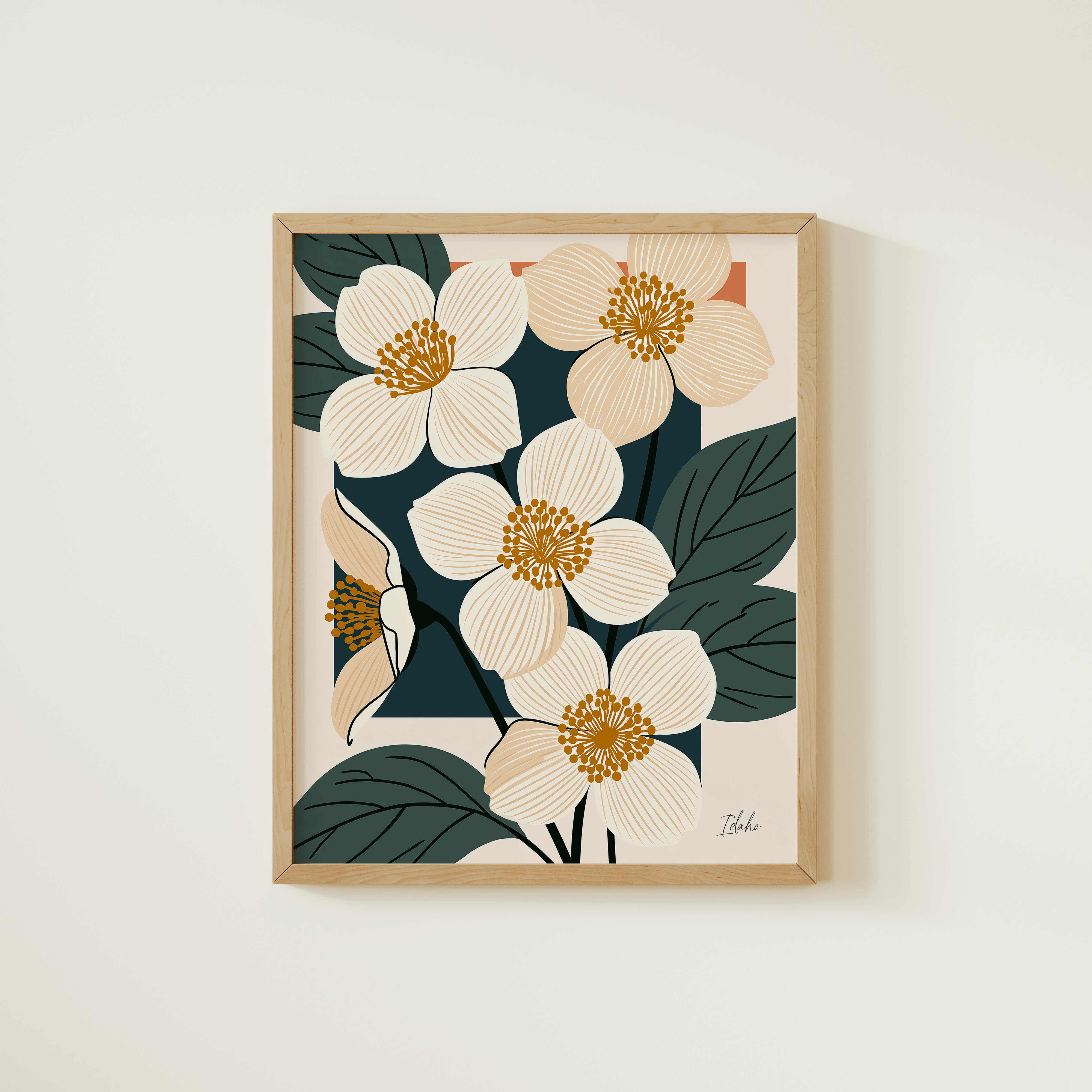 The image is a framed print featuring a stylized floral design with white flowers and green leaves.