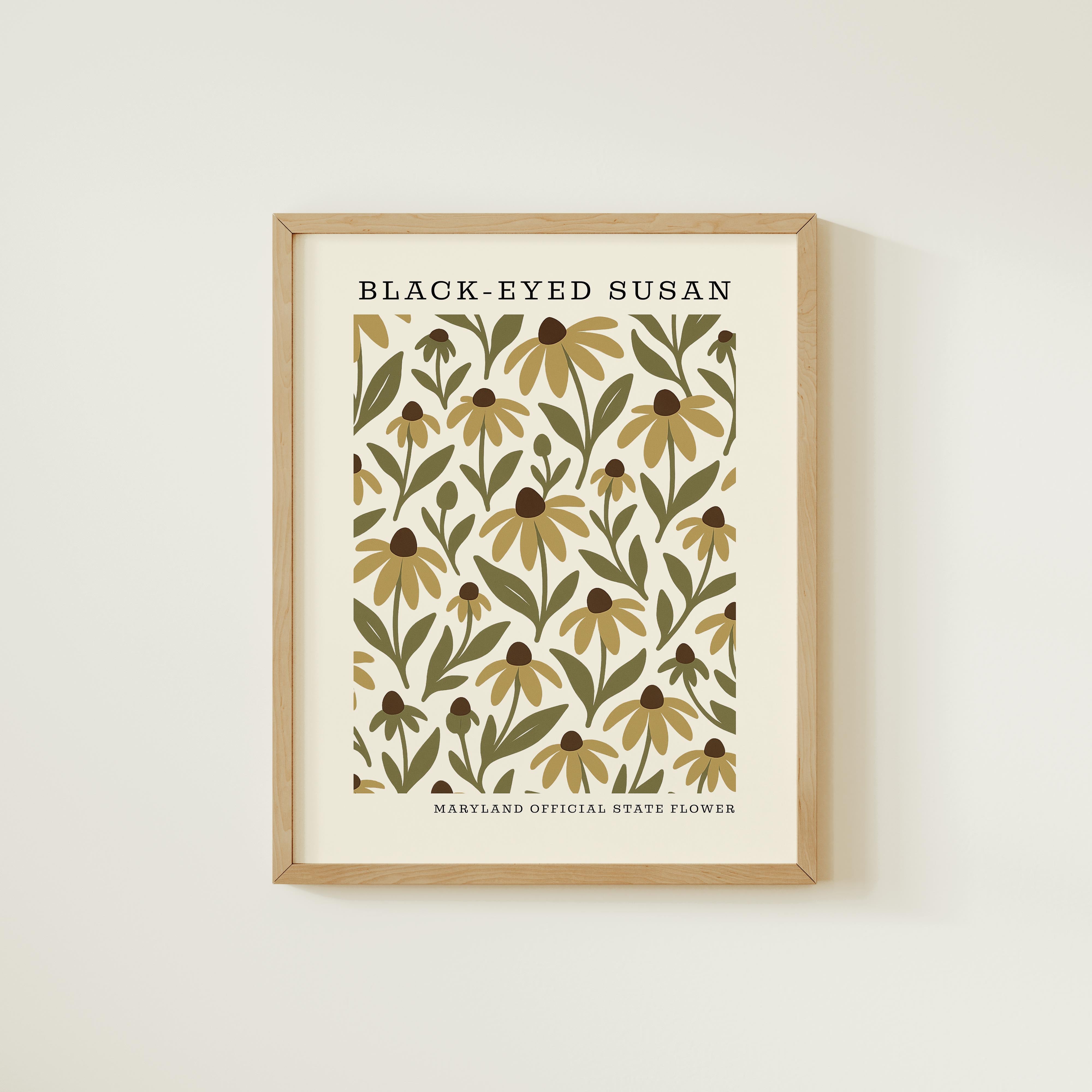 The image is a framed print featuring a repeating pattern of yellow flowers and green leaves, with the text "BLACK-EYED SUSAN" and "MARYLAND OFFICIAL STATE FLOWER" printed on it.
