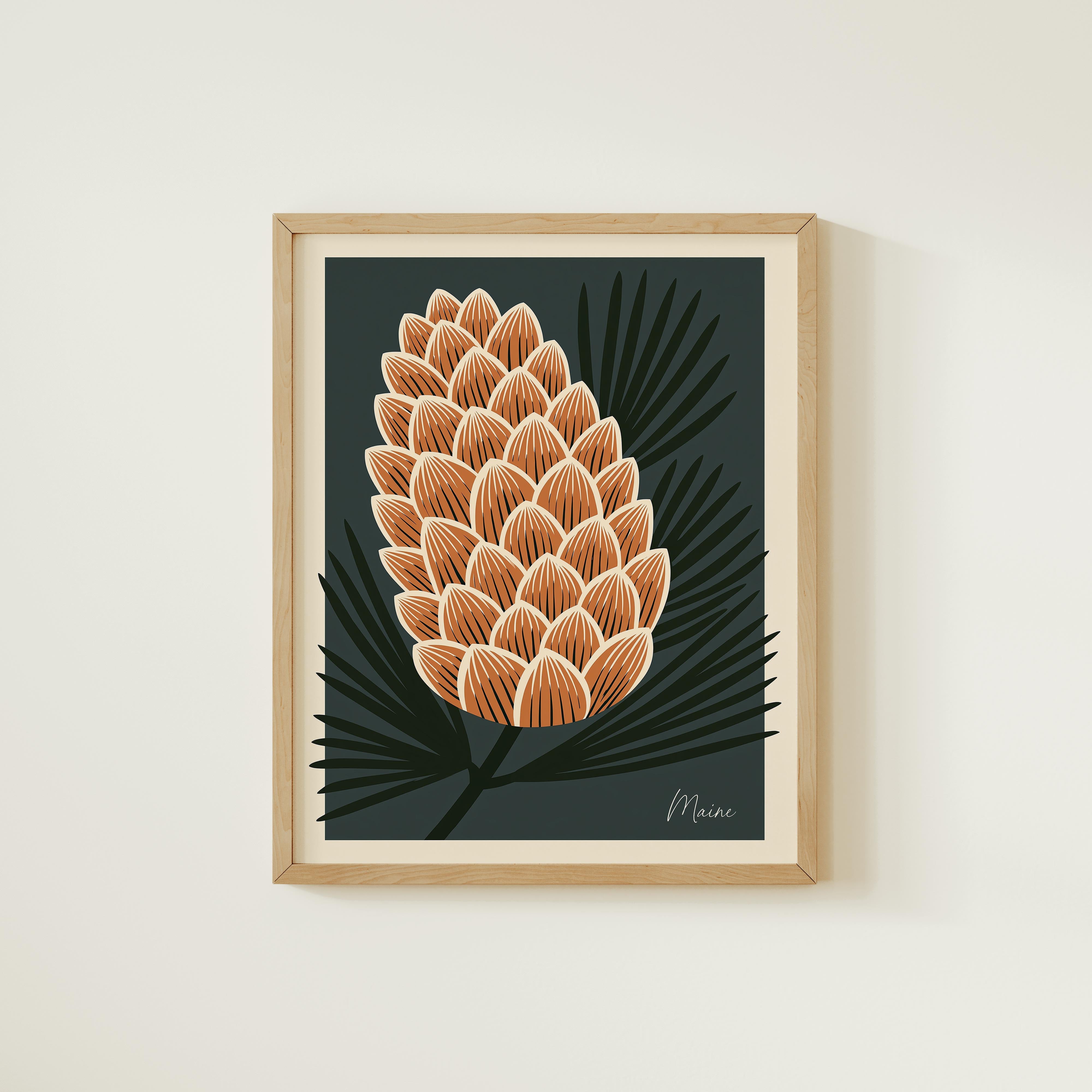 a framed illustration of a pine cone with a dark green background and a leafy green branch.