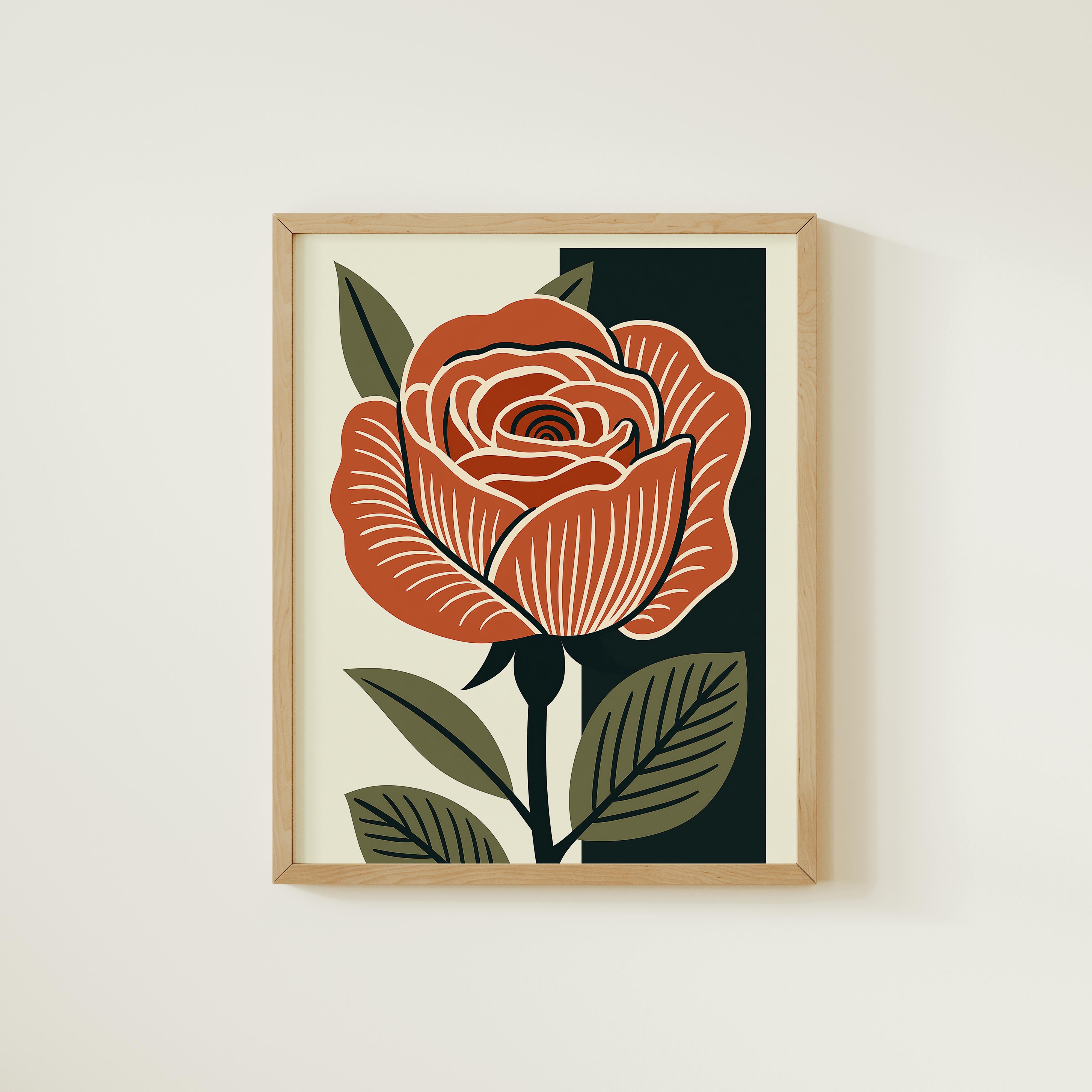 a framed illustration of a large, vibrant red rose with green leaves.