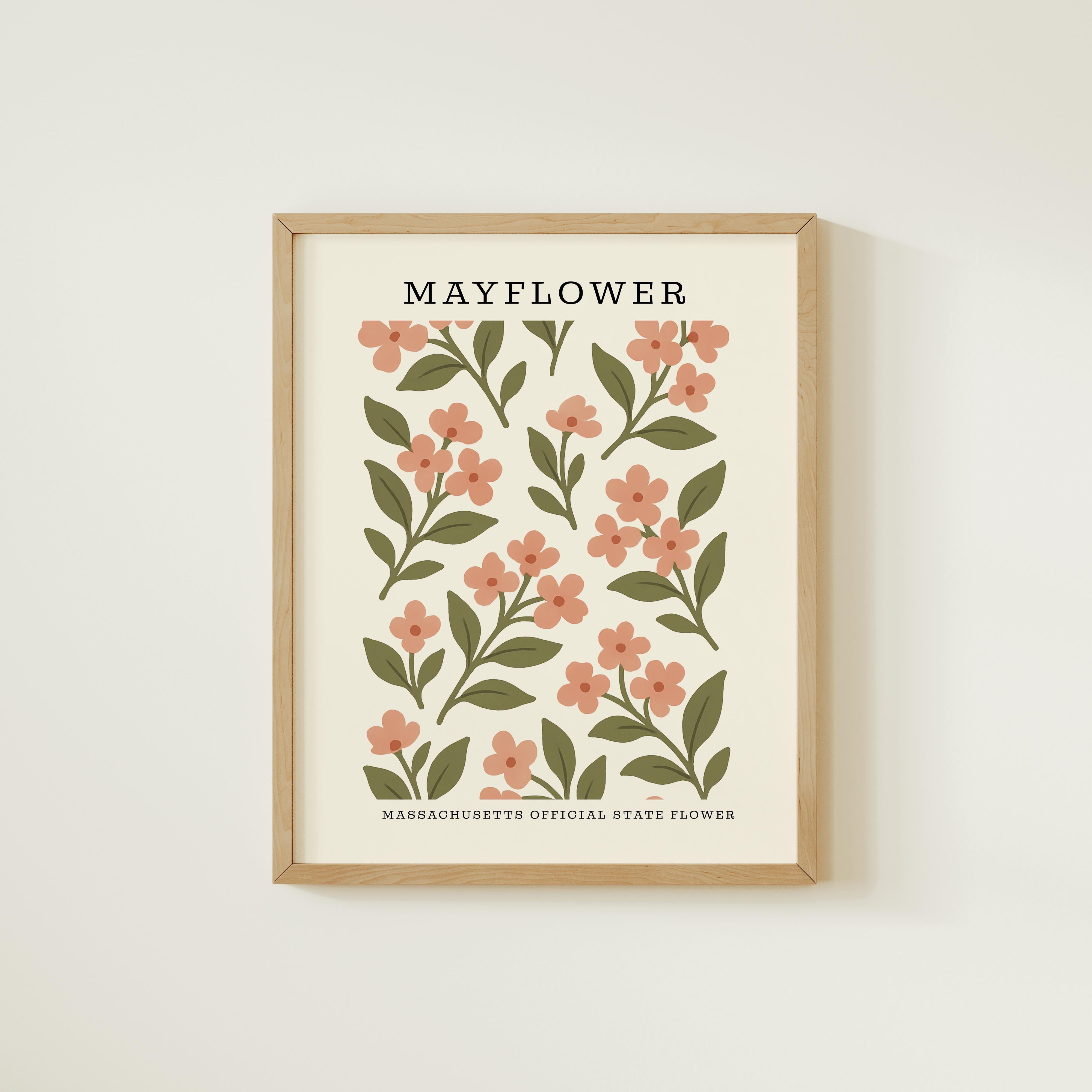 The image is a framed print featuring a repeating pattern of pink flowers with green leaves, which appears to be a design or illustration related to the state flower of Massachusetts.