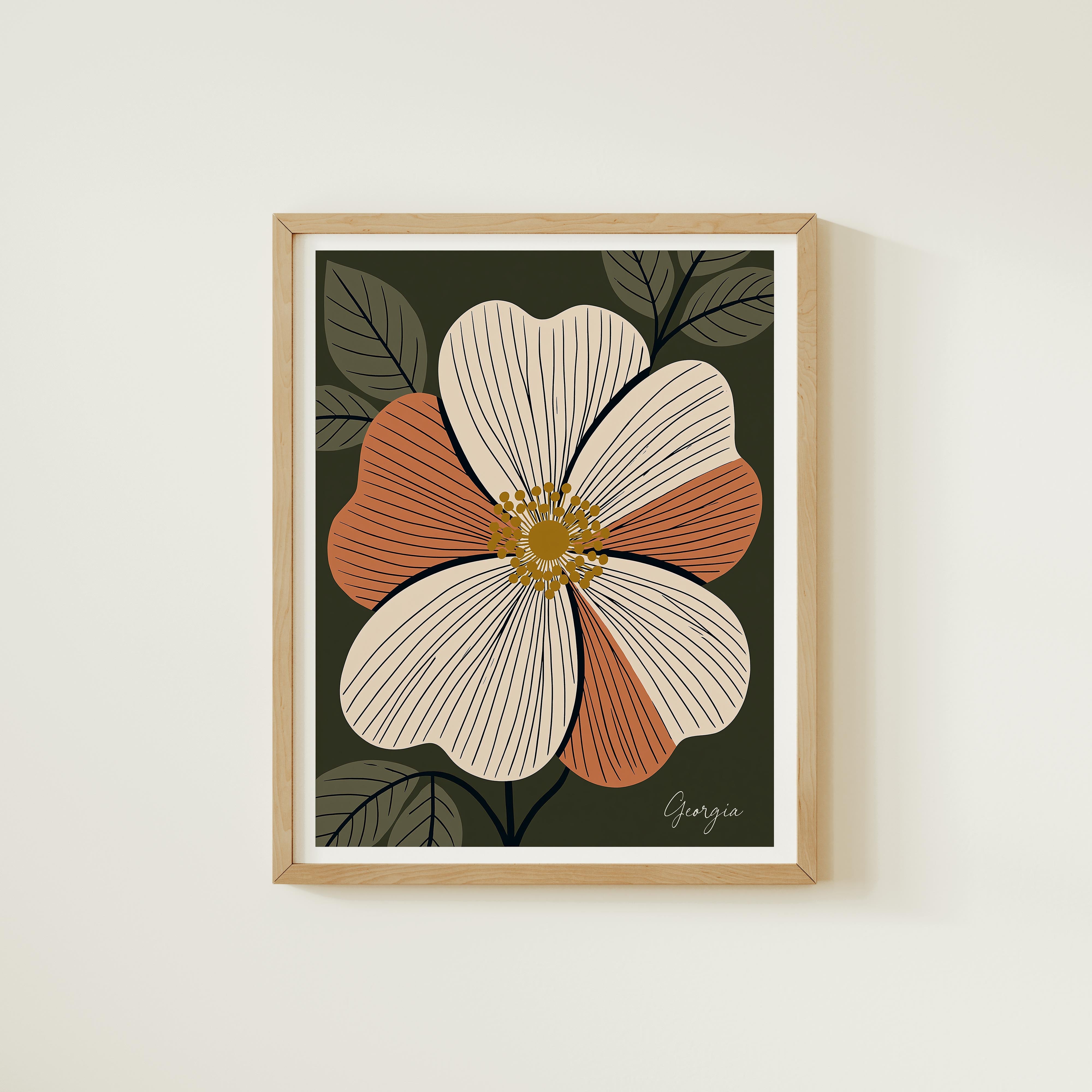 The image is a framed print featuring a stylized illustration of a flower with a green background and orange and white petals.