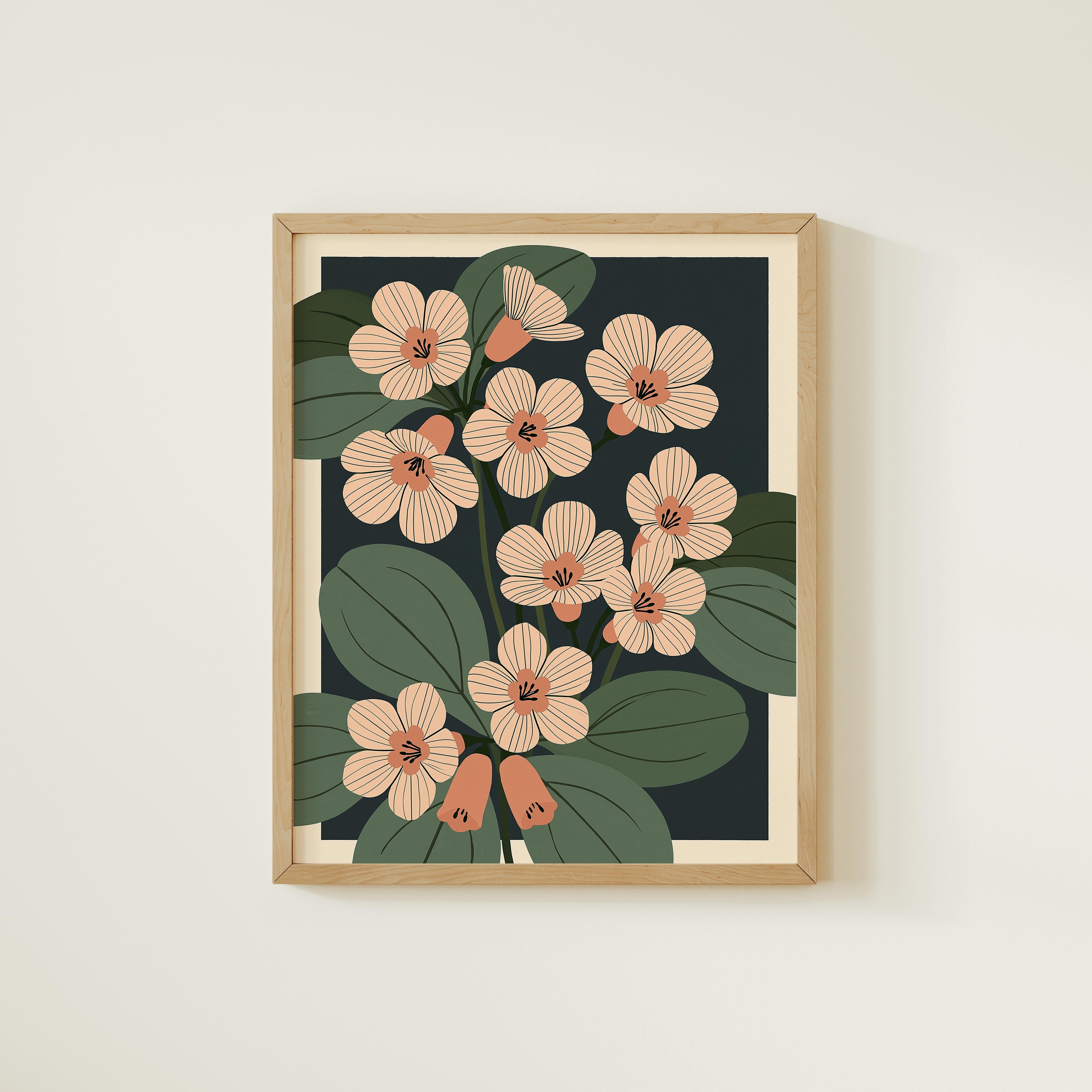 The image is a framed print featuring a stylized floral design with pink and green flowers against a dark background.