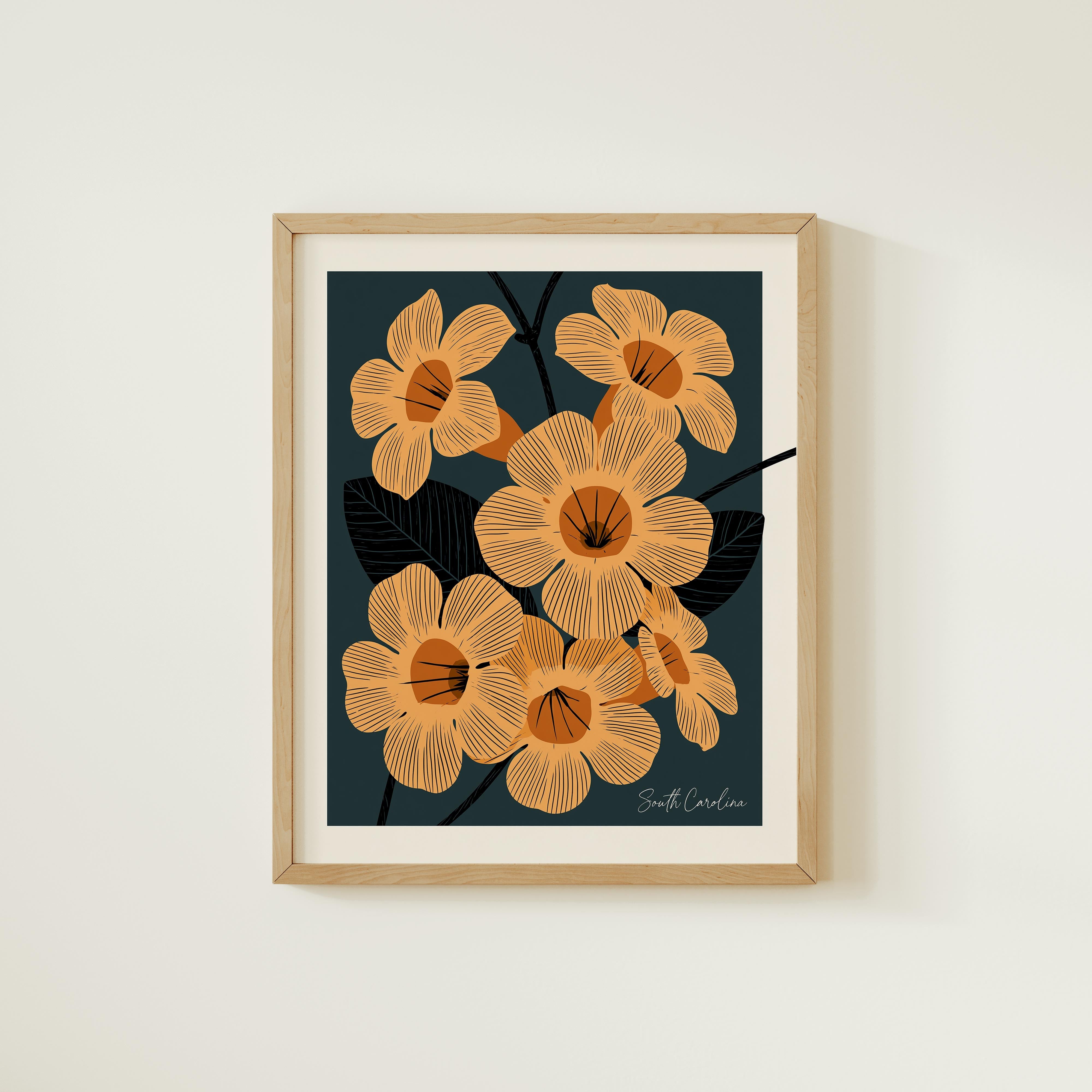 The image is a framed print featuring a vibrant illustration of orange flowers against a dark blue background.