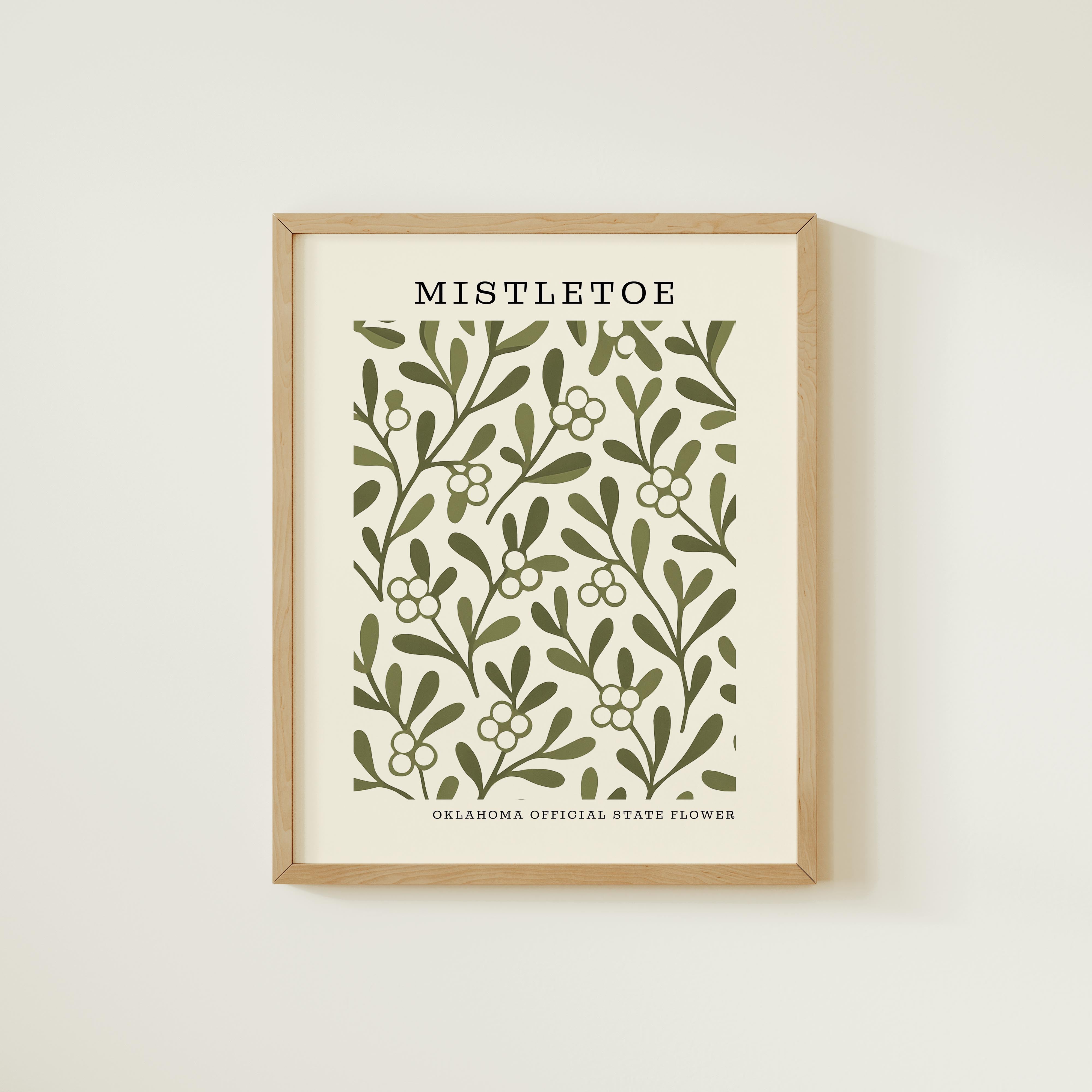 The image is a framed print featuring a repeating pattern of green leaves and white flowers, with the text "Mistletoe" above the pattern.