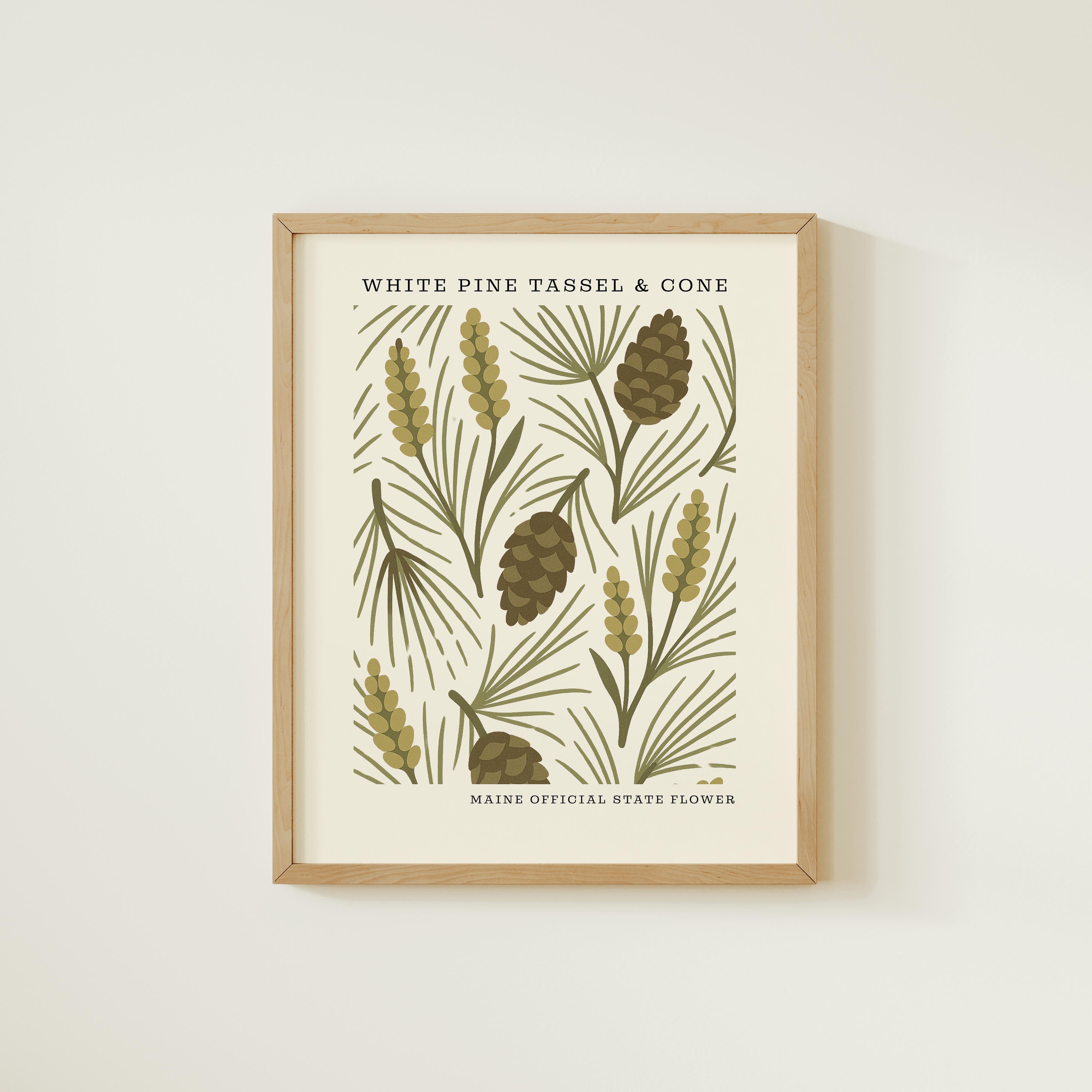 The image is a framed print featuring a repeating pattern of white pine cones and pine needles in shades of green and brown.
