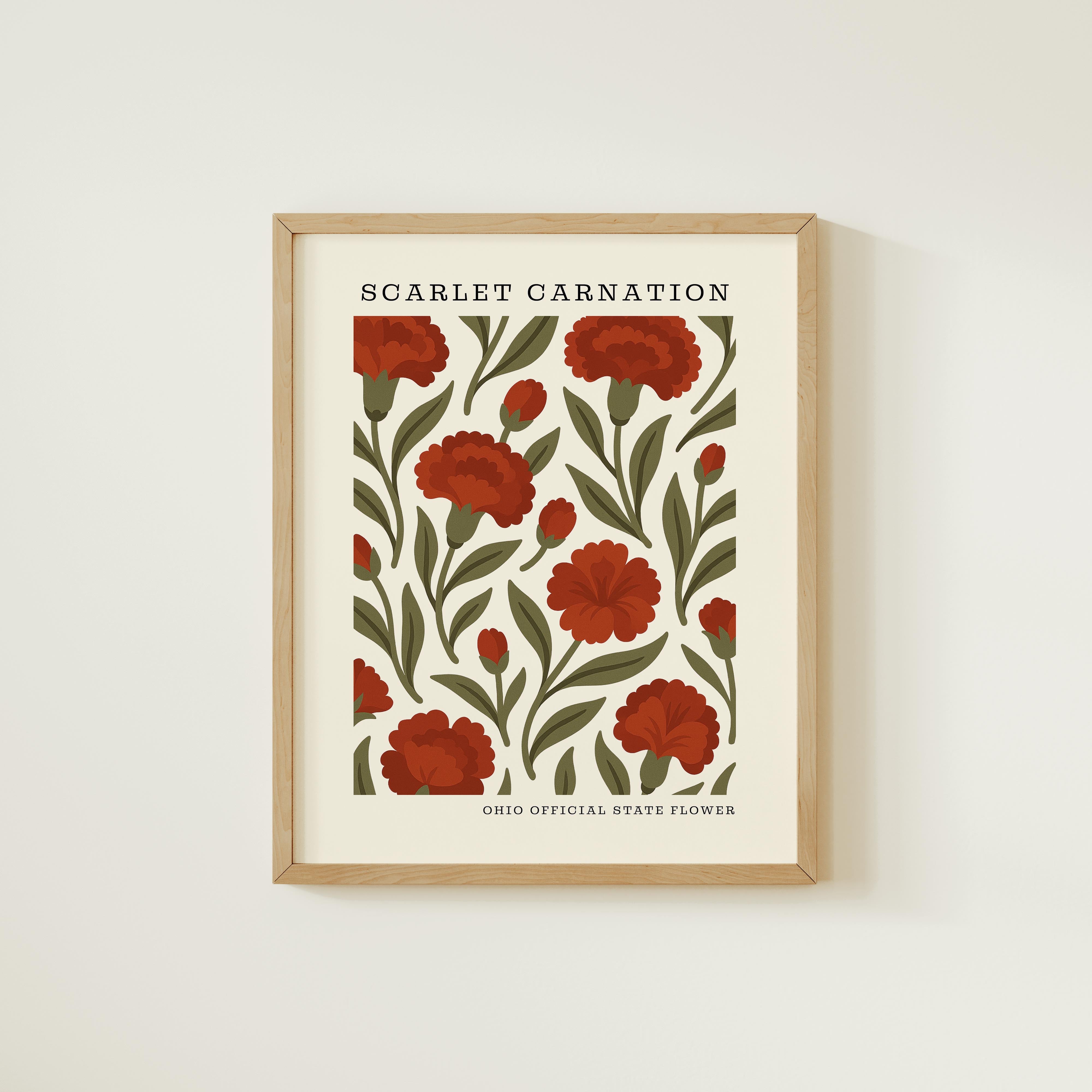 The image is a framed print featuring a repeating pattern of red carnation flowers against a white background.