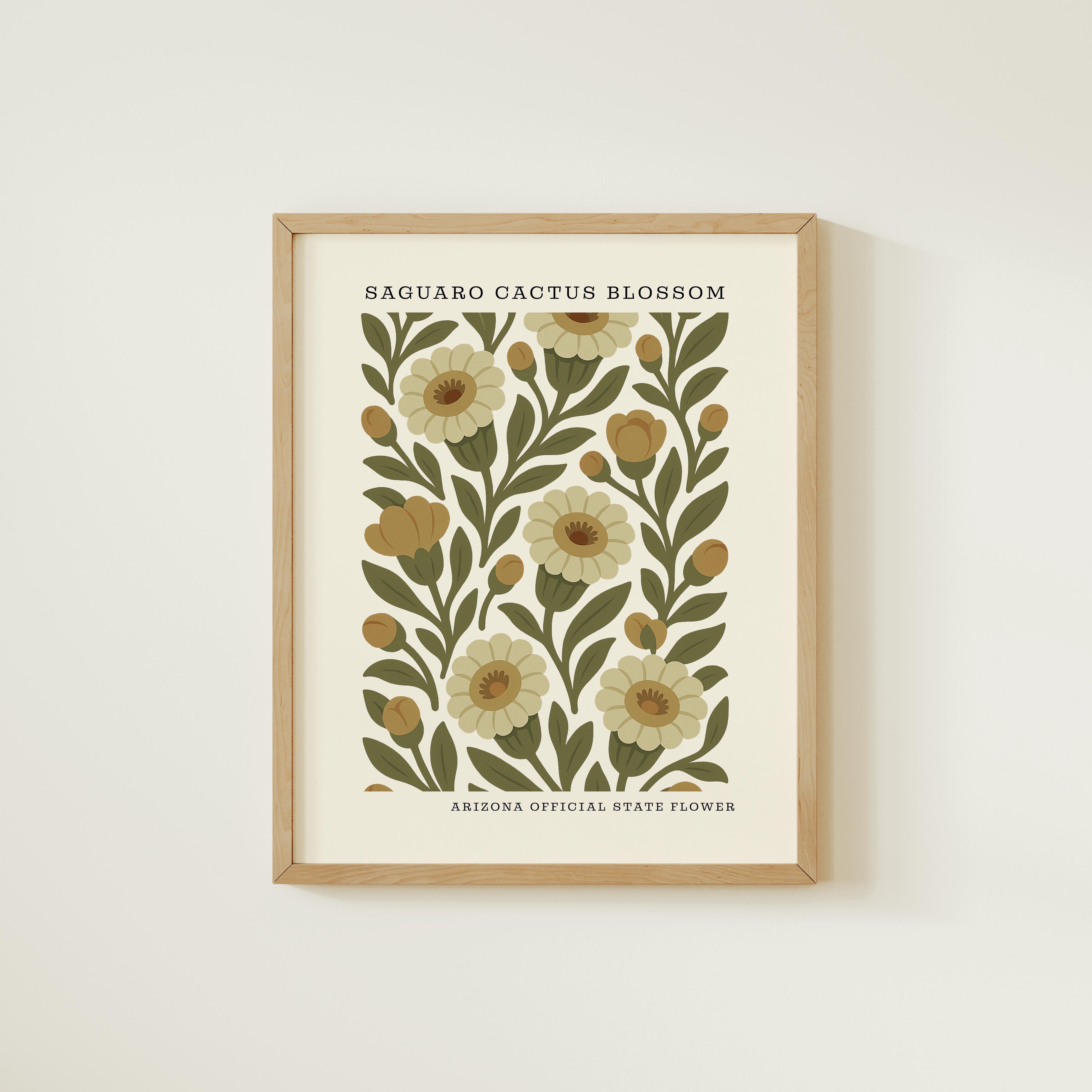 The image is a framed print featuring a repeating pattern of yellow flowers with green leaves, which appears to be a representation of the Saguaro Cactus Blossoms.