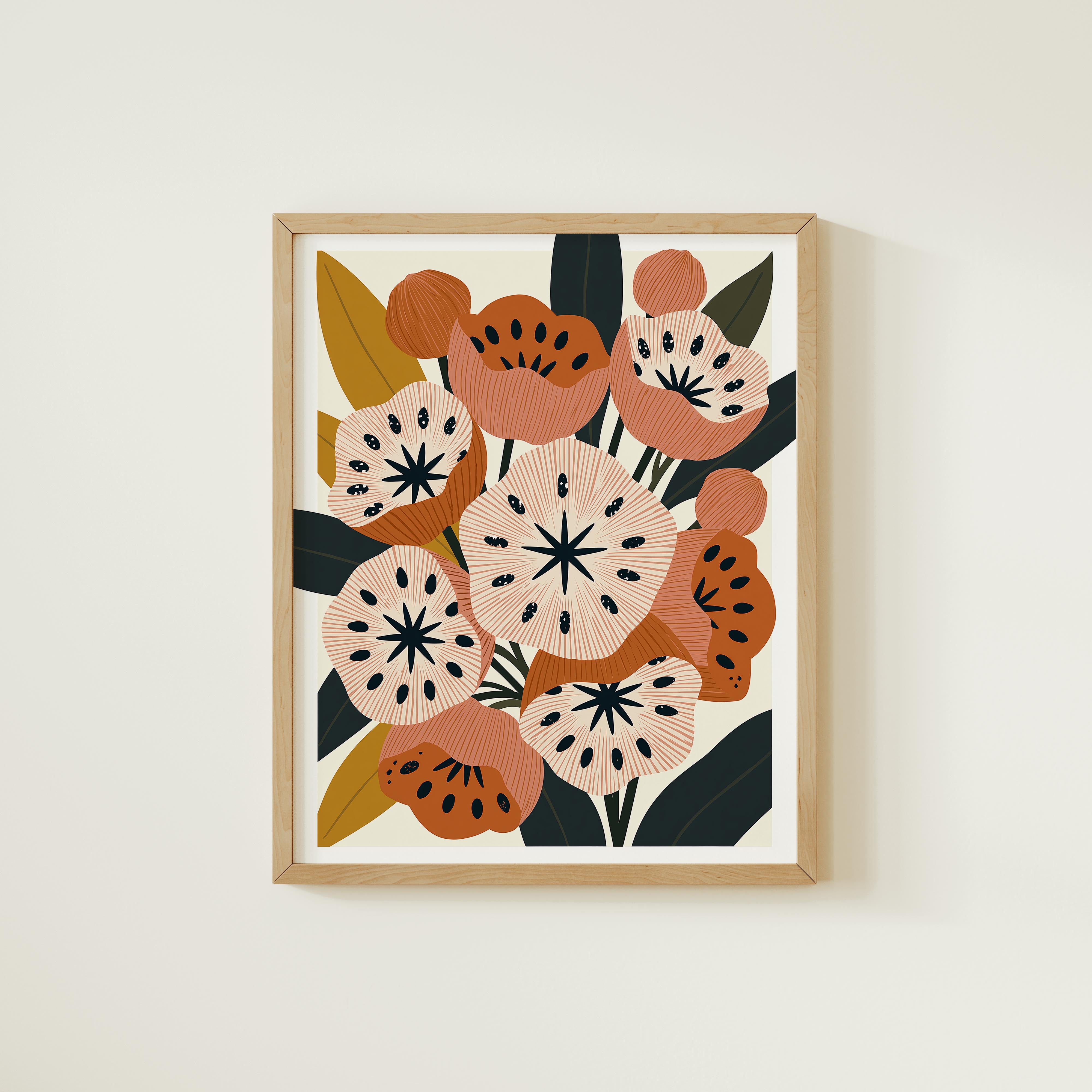 The image is a framed print featuring a vibrant and stylized floral design with various shades of orange, pink, and green.