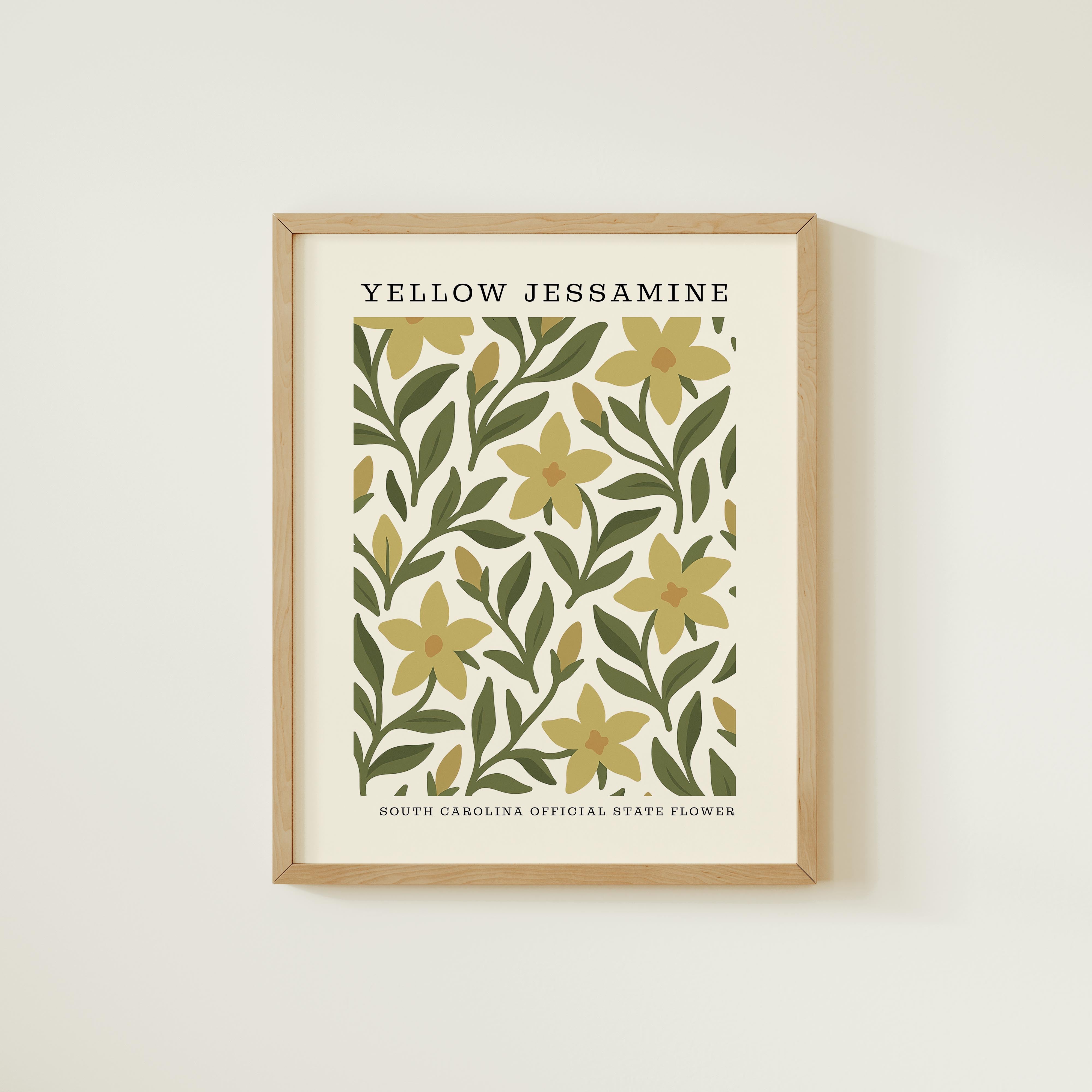 The image is a framed print featuring a repeating pattern of yellow flowers with green leaves, which appears to be a decorative piece.