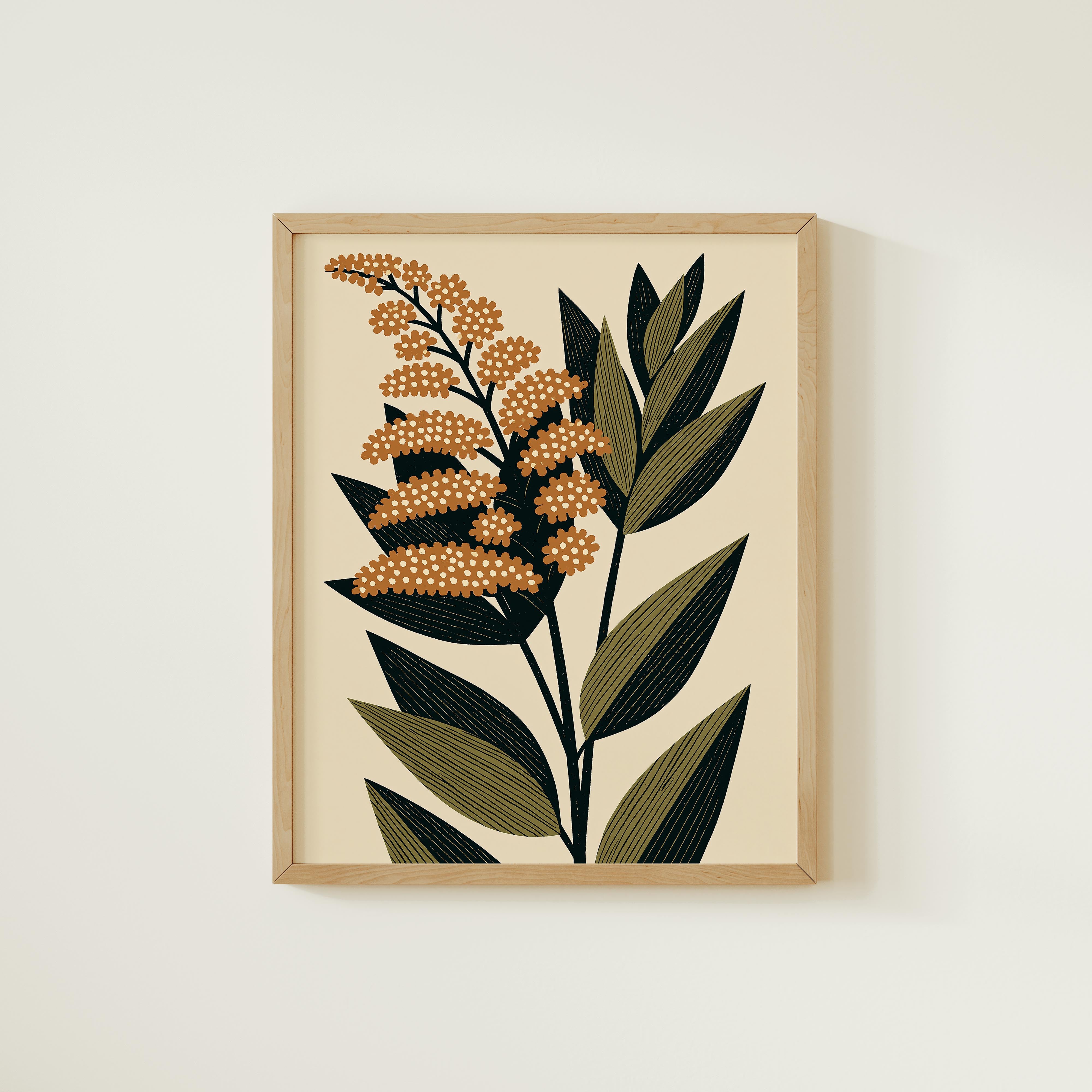 The image is a framed print depicting a stylized floral design with orange flowers and green leaves.