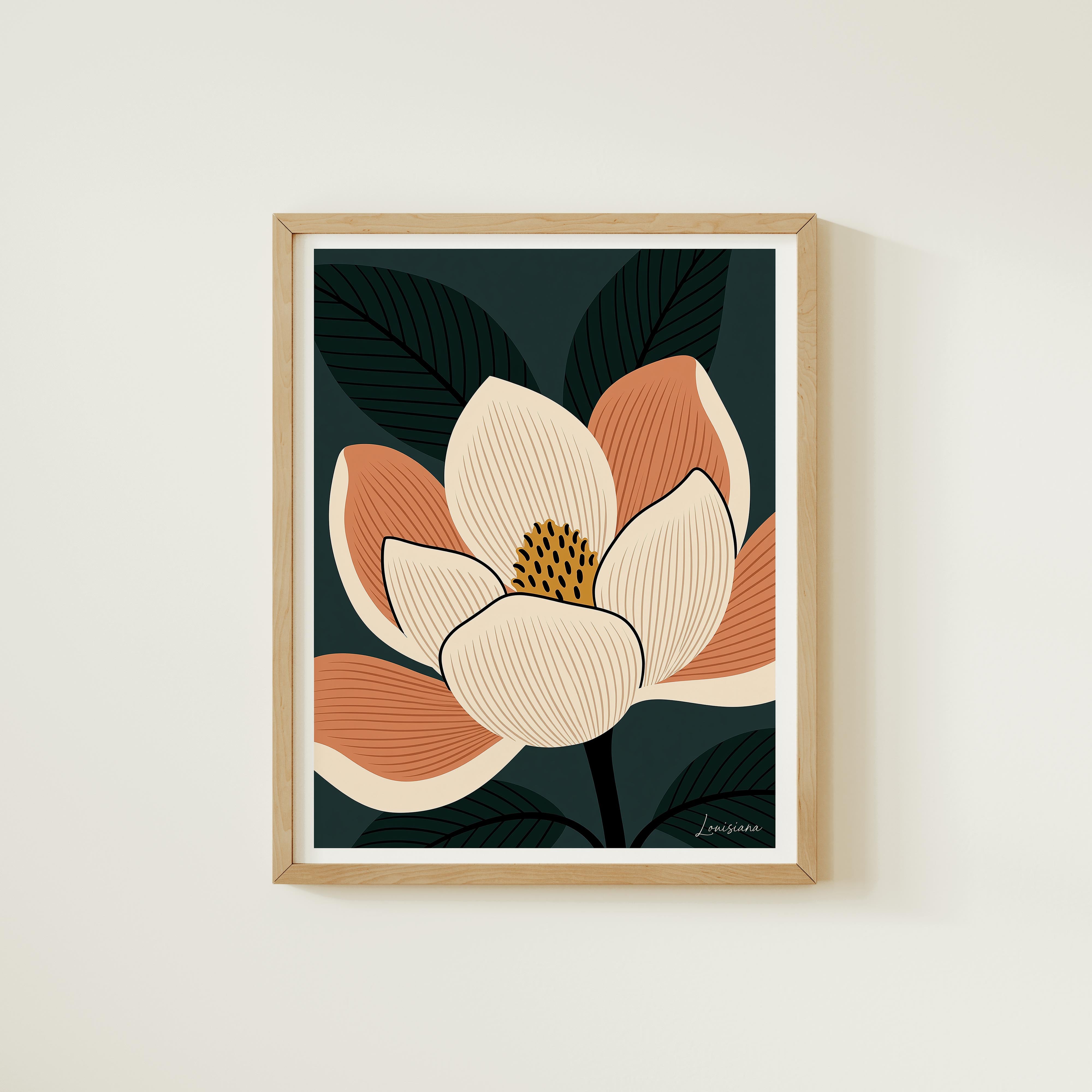 The image is a framed print depicting a stylized illustration of a flower with a dark green background and orange and white petals.