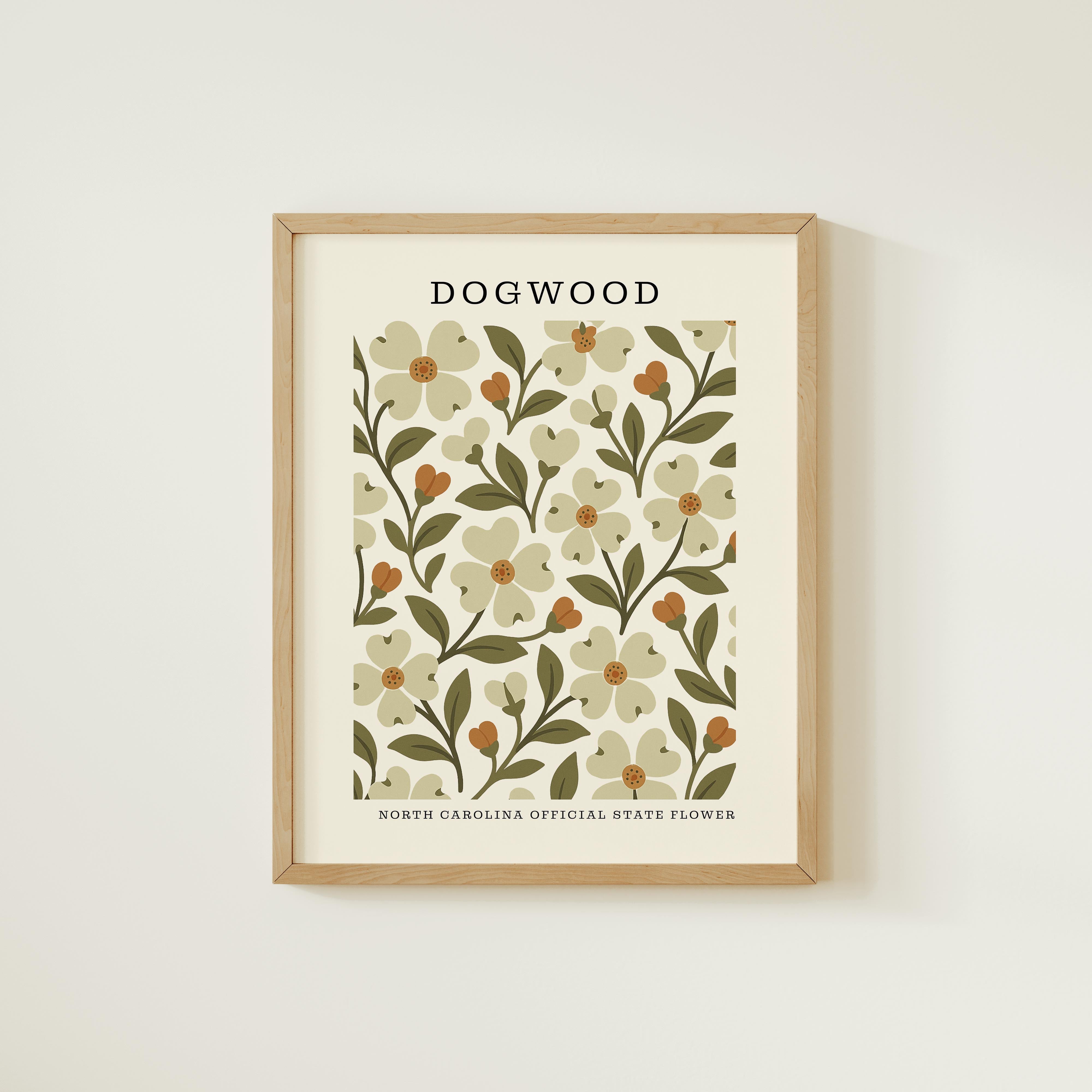 The image is a framed print featuring a repeating pattern of white flowers with green leaves, which appears to be a design or illustration related to the North Carolina state flower.