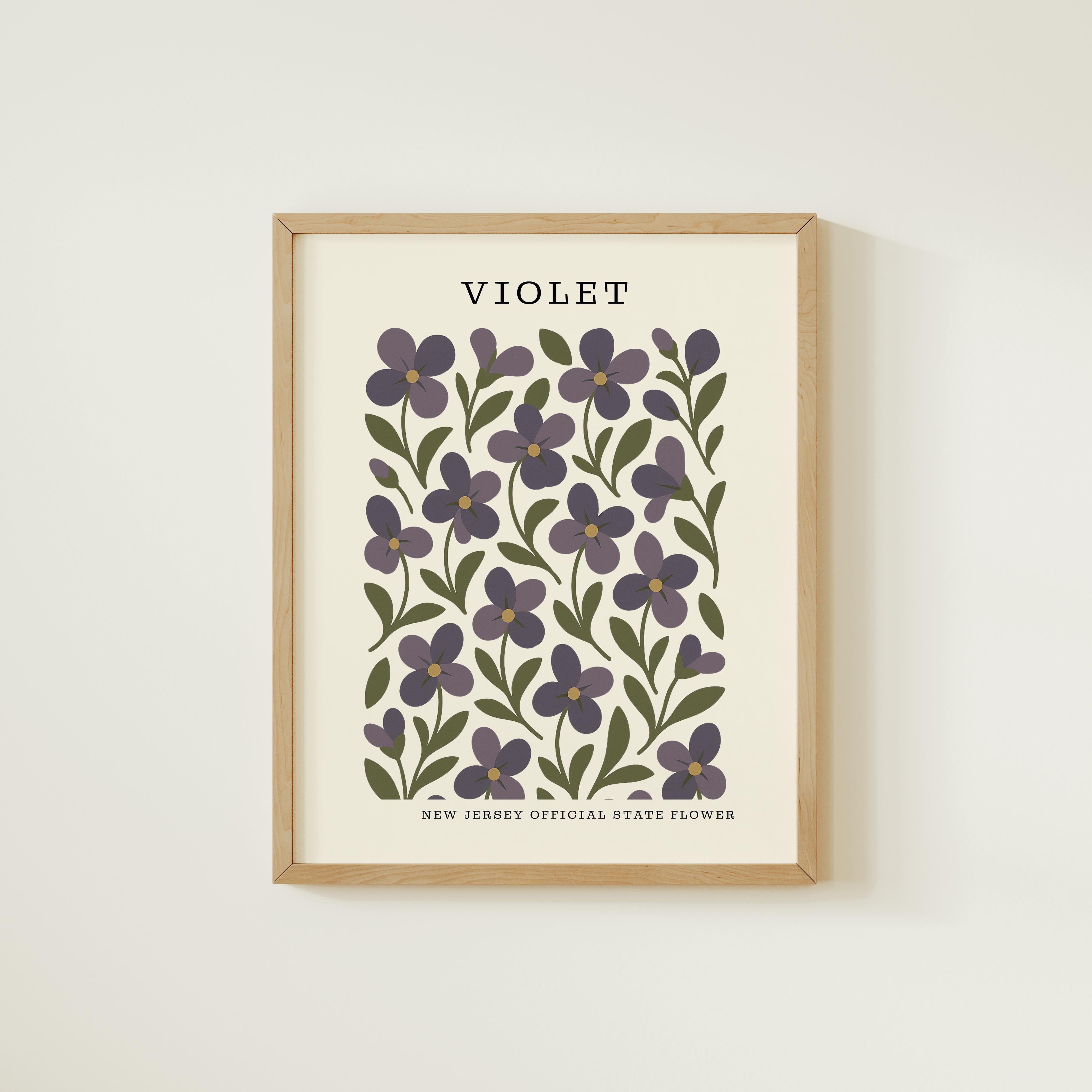 The image is a framed print featuring a repeating pattern of purple flowers with green leaves, which appears to be a New Jersey Official State Flower illustration.