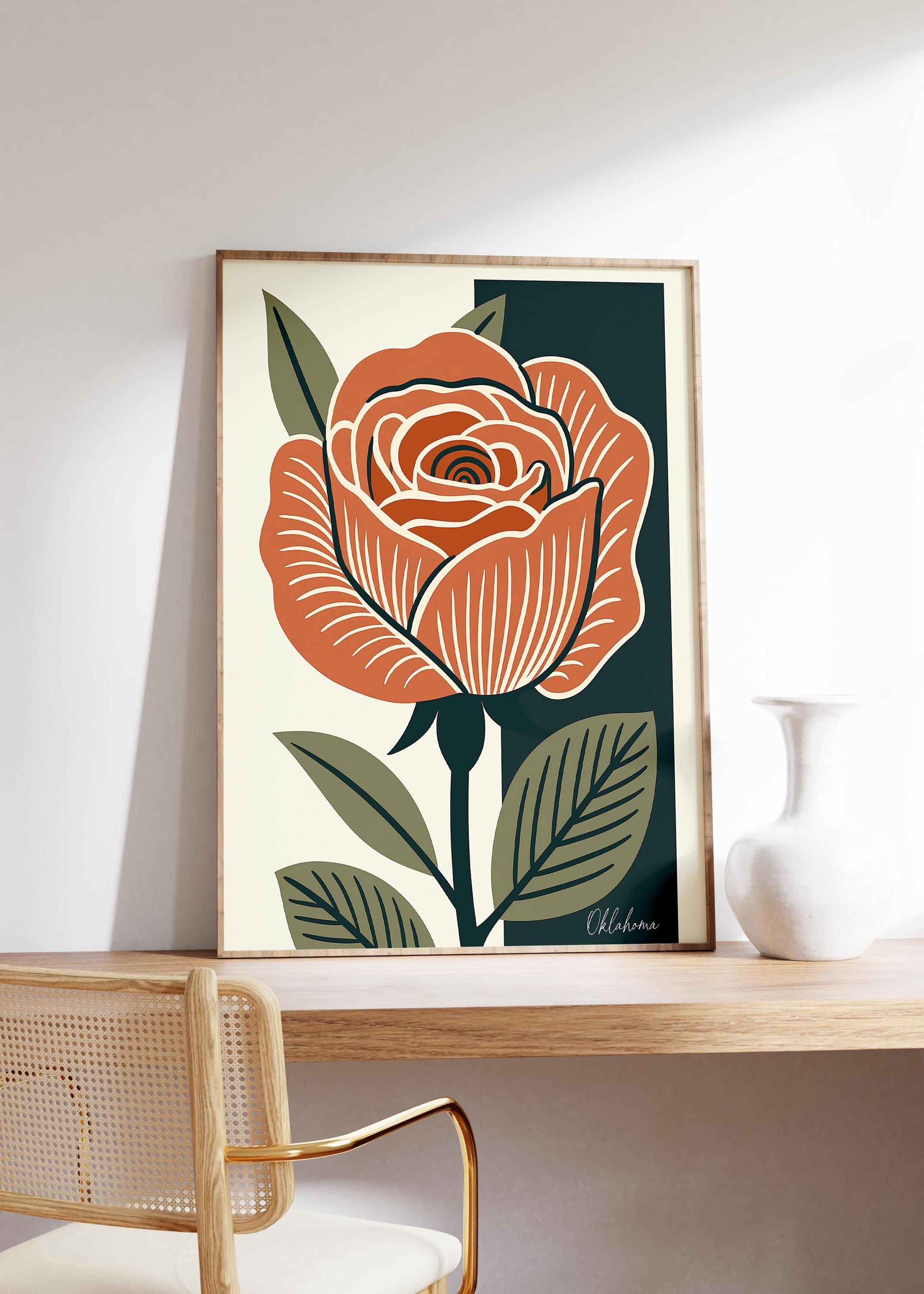 Oklahoma state flower art print, Oklahoma rose