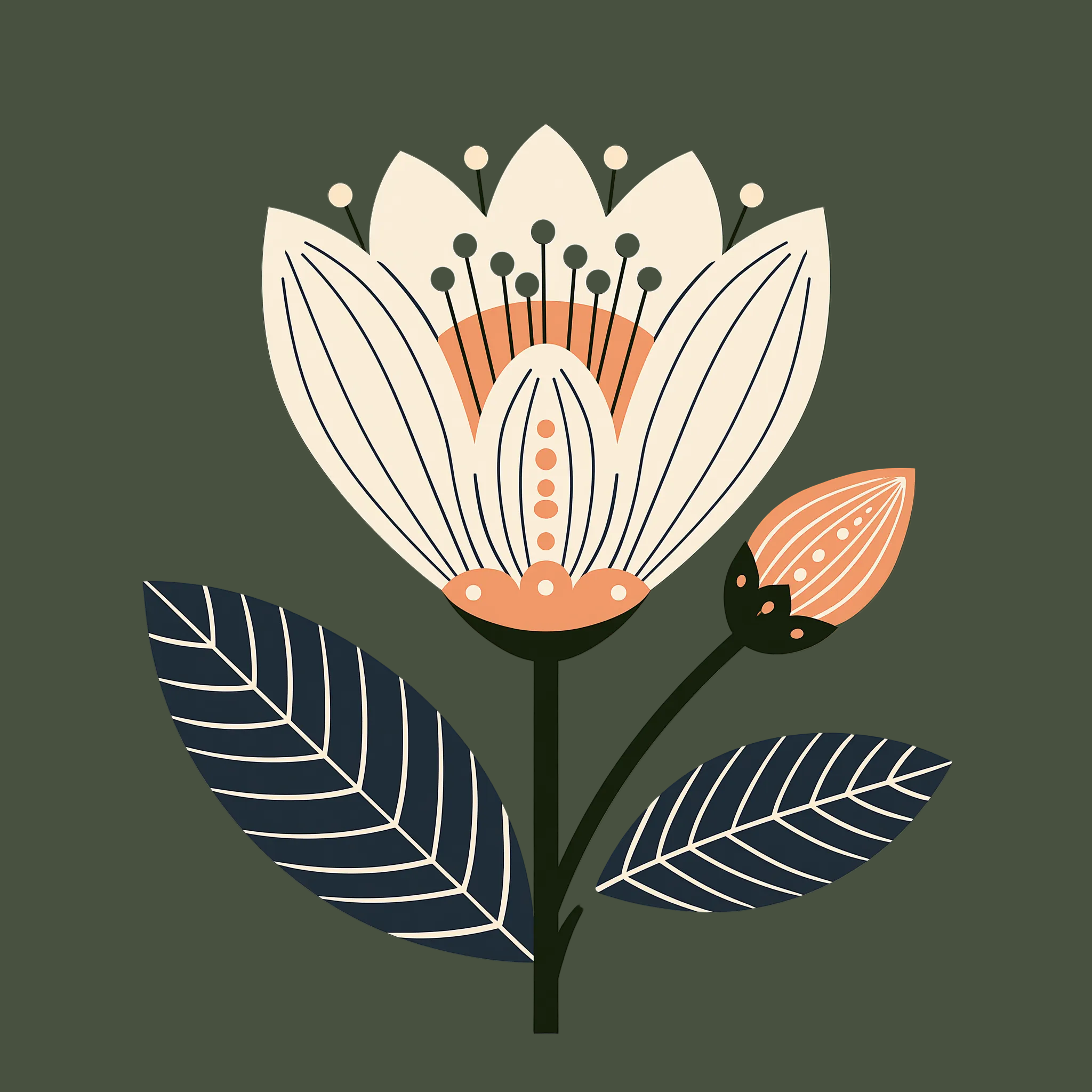 Illustration of a stylized flower with leaves on a dark green background