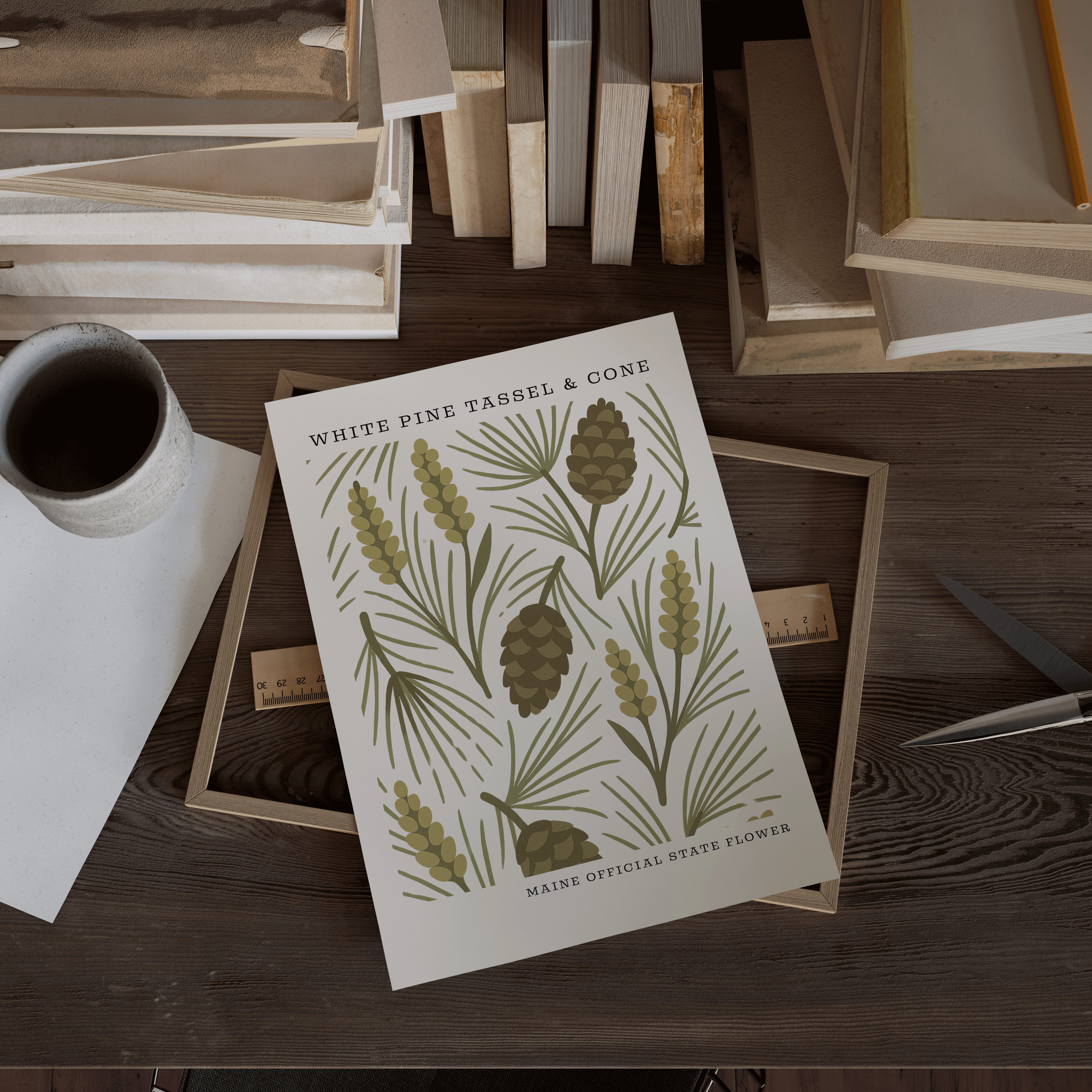 Maine State Flower Art Print – White Pine Cone and Tassel