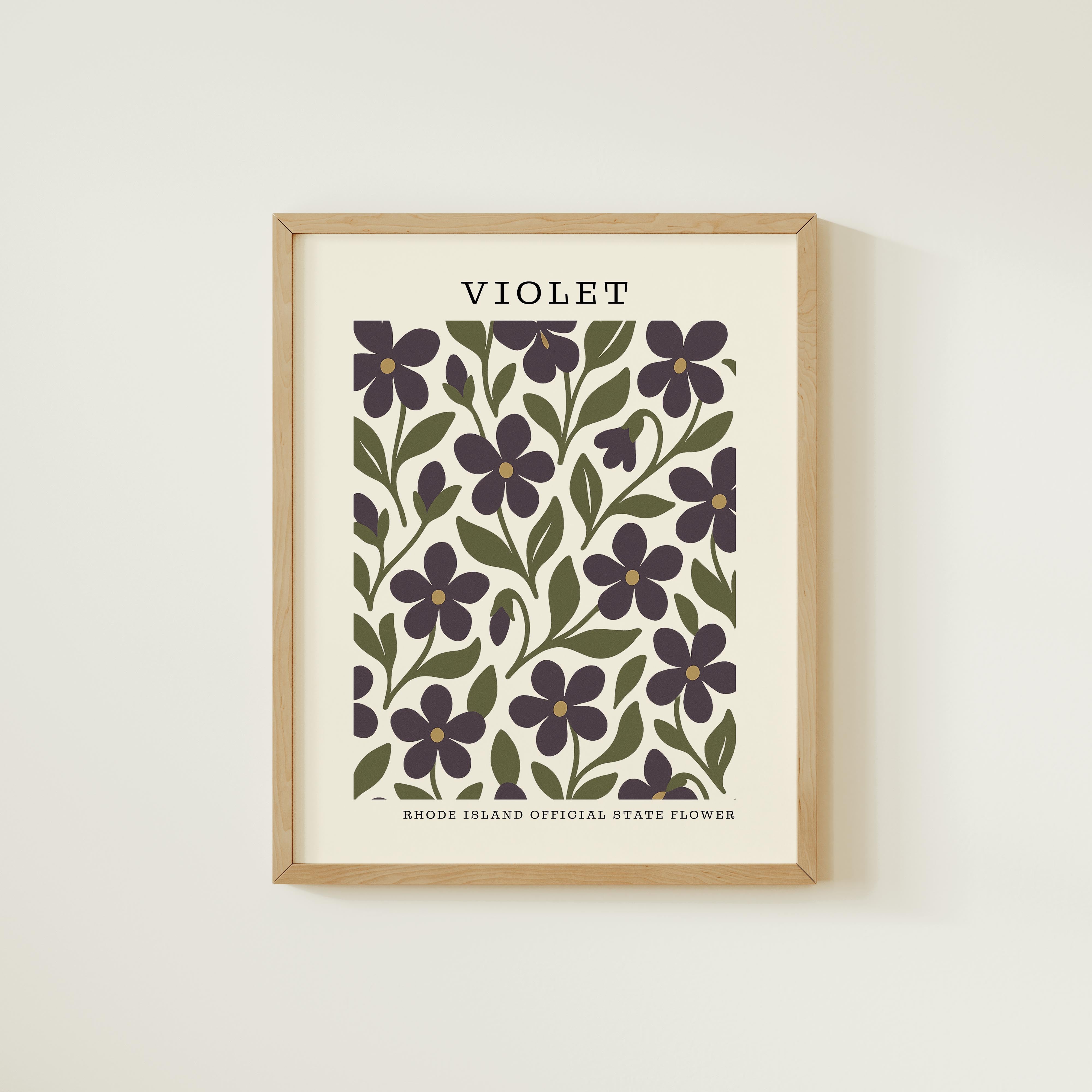 The image is a framed print featuring a repeating pattern of purple flowers with green leaves.