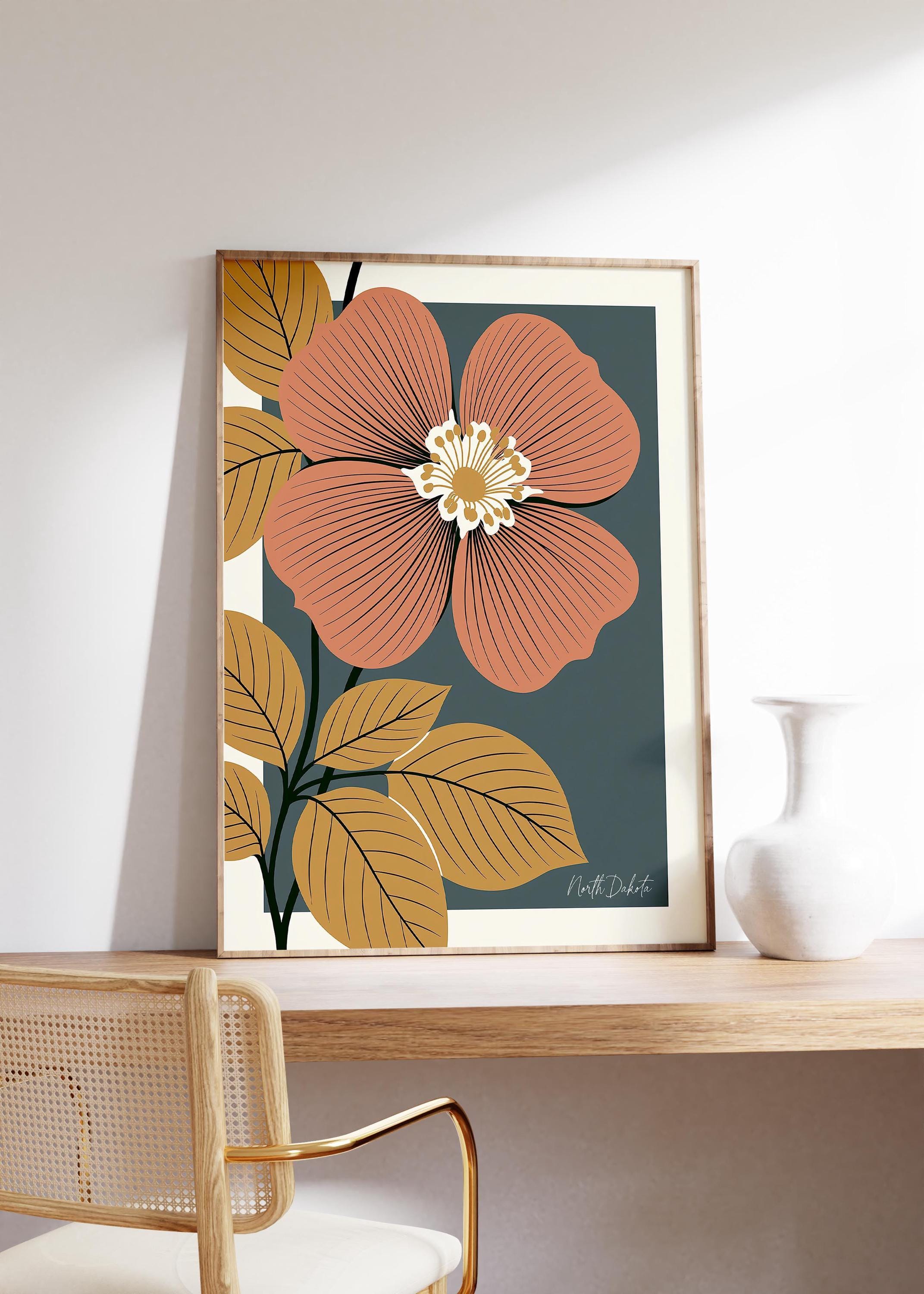 North Dakota state flower art print, wild prairie rose