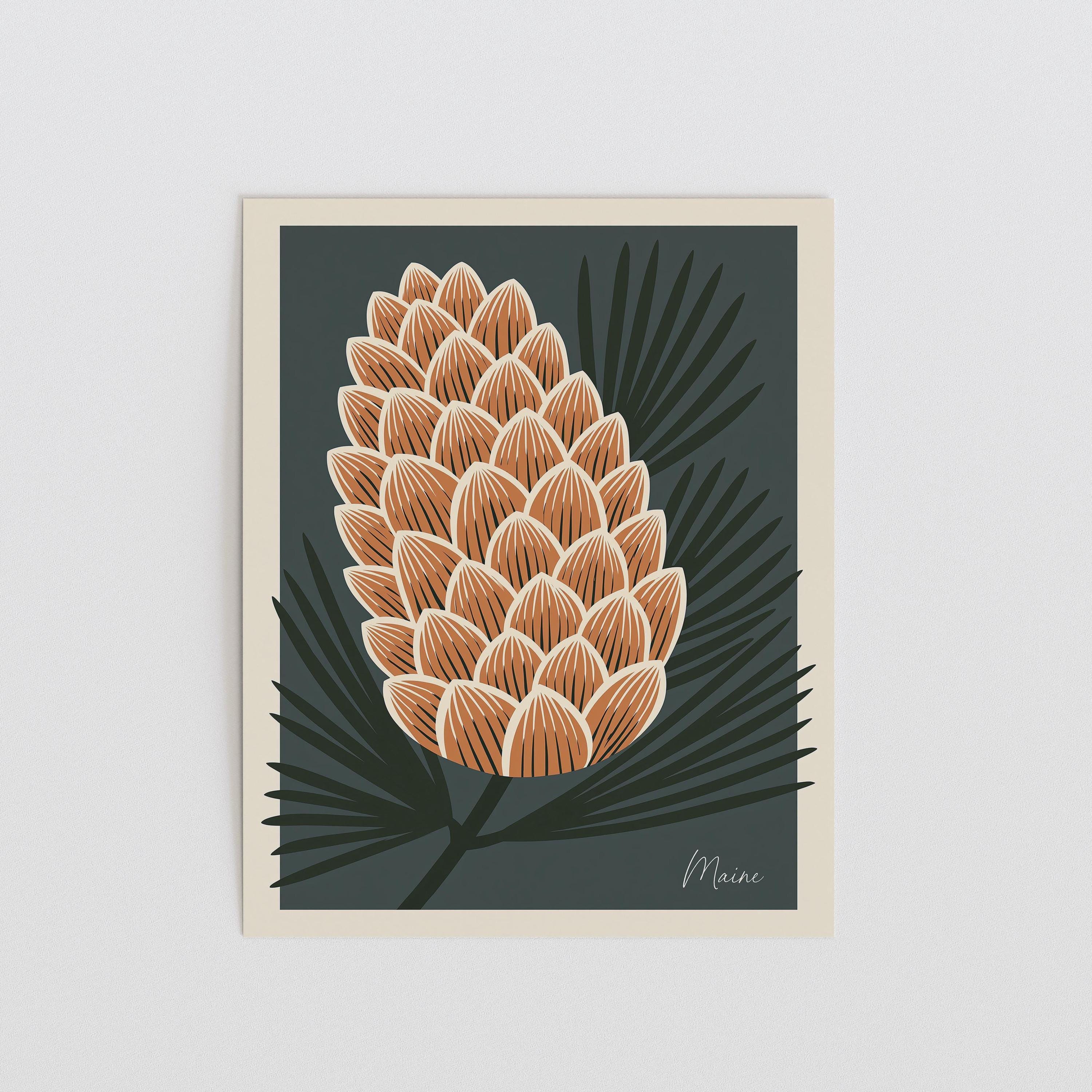 Maine state flower art print, white pine cone and tassel