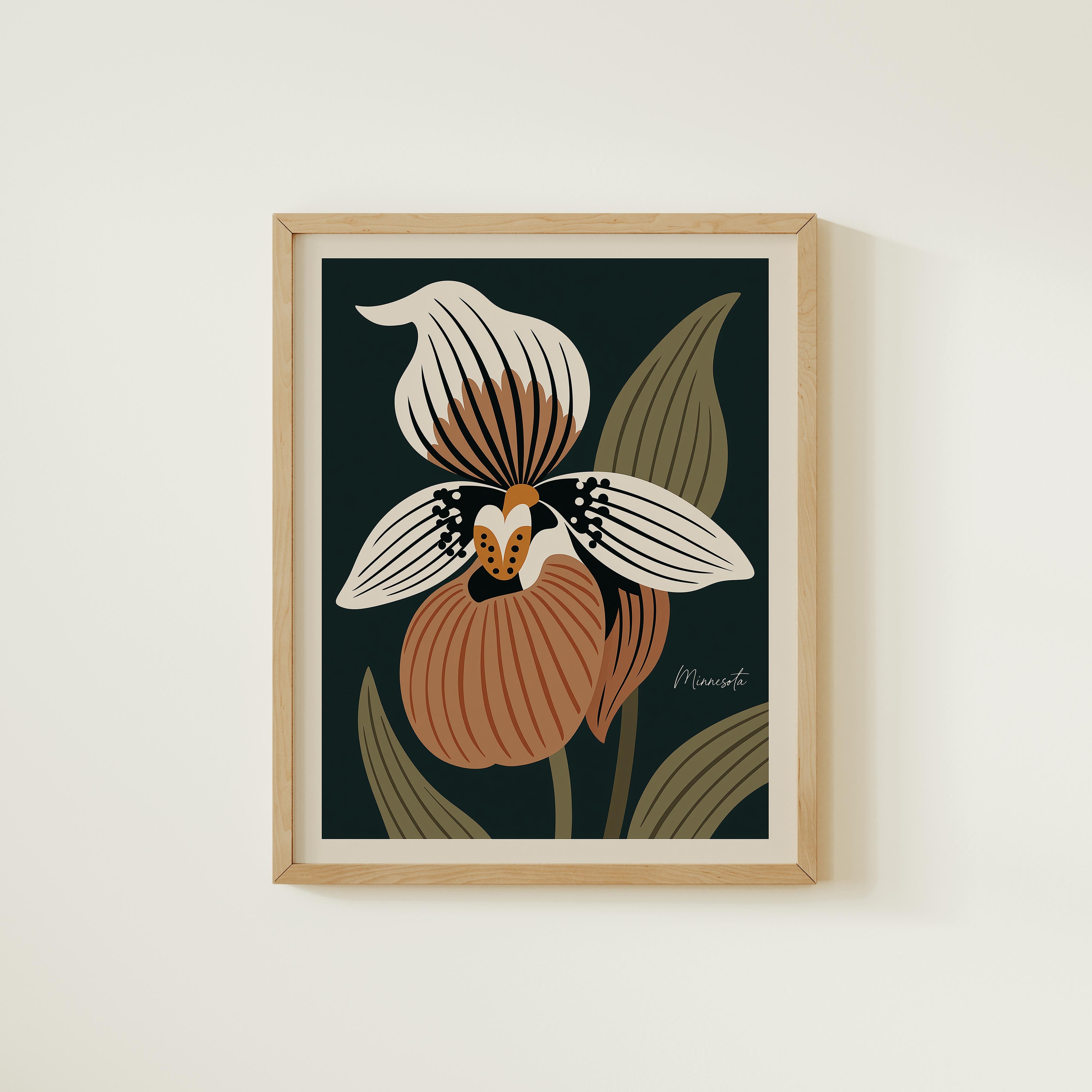 The image is a framed print depicting a stylized orchid flower with intricate patterns and a dark background.