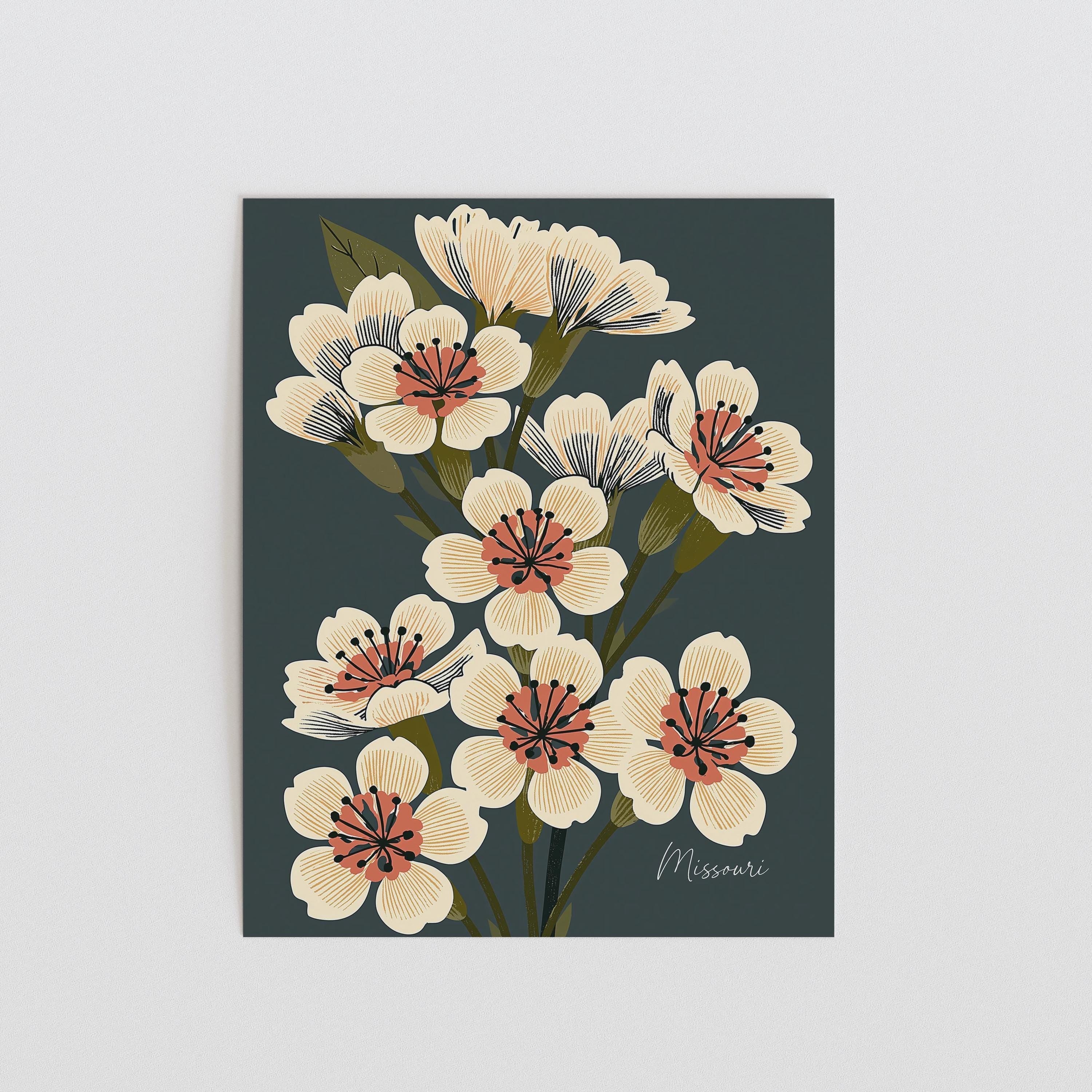 Missouri state flower art print, white hawthorn blossom