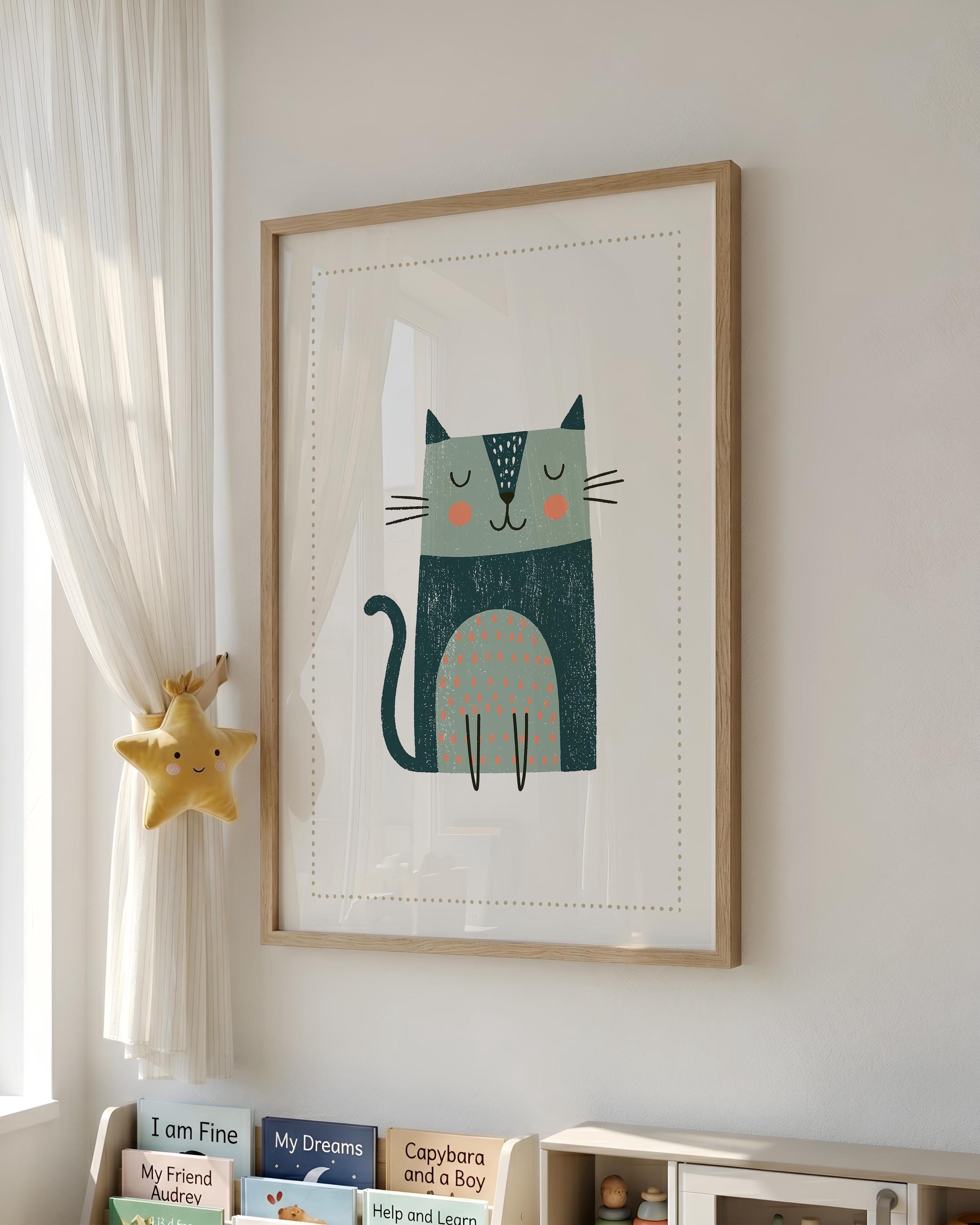 Teal cat nursery print