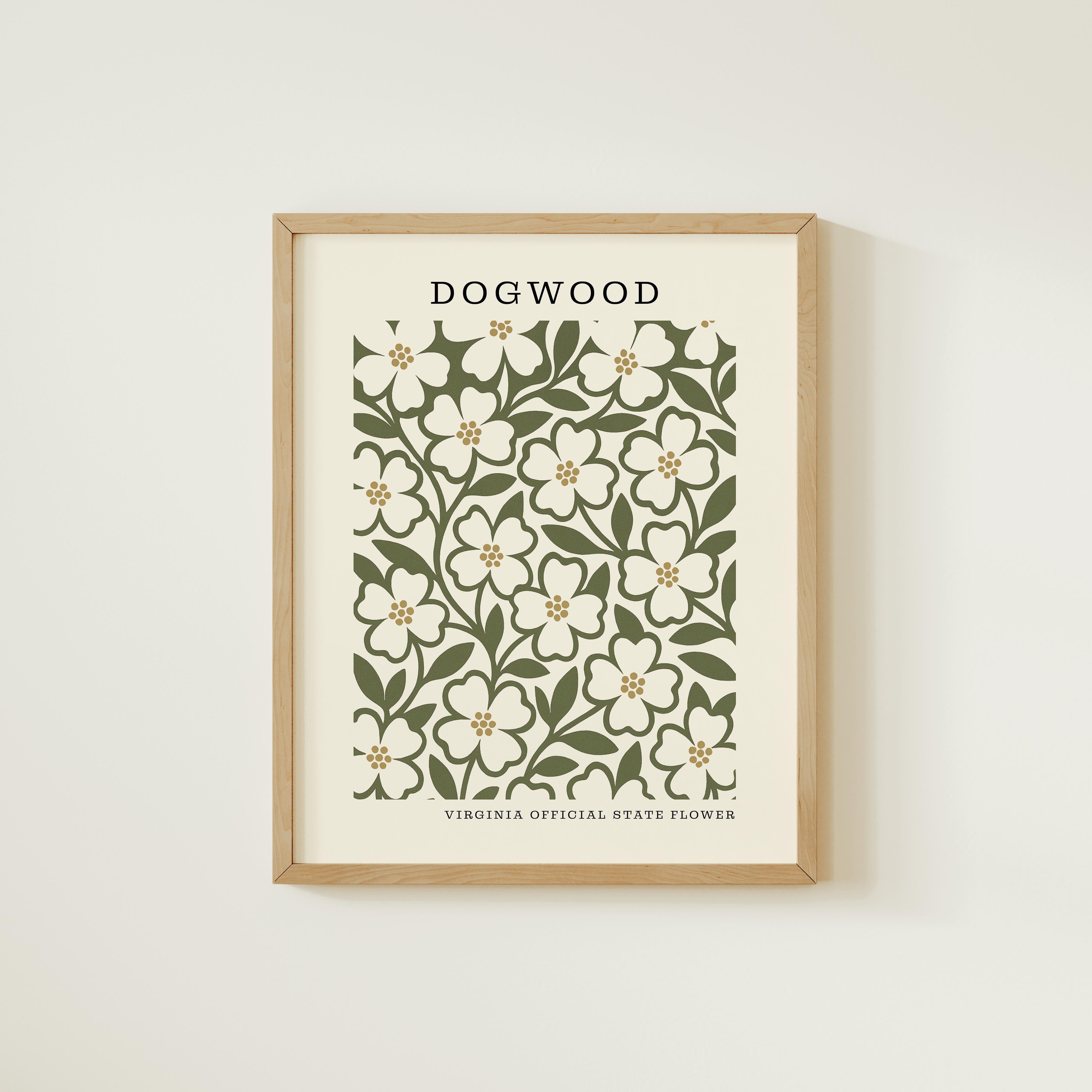 The image is a framed print featuring a repeating pattern of white flowers with green leaves, which appears to be a design or illustration related to the Virginia state flower.