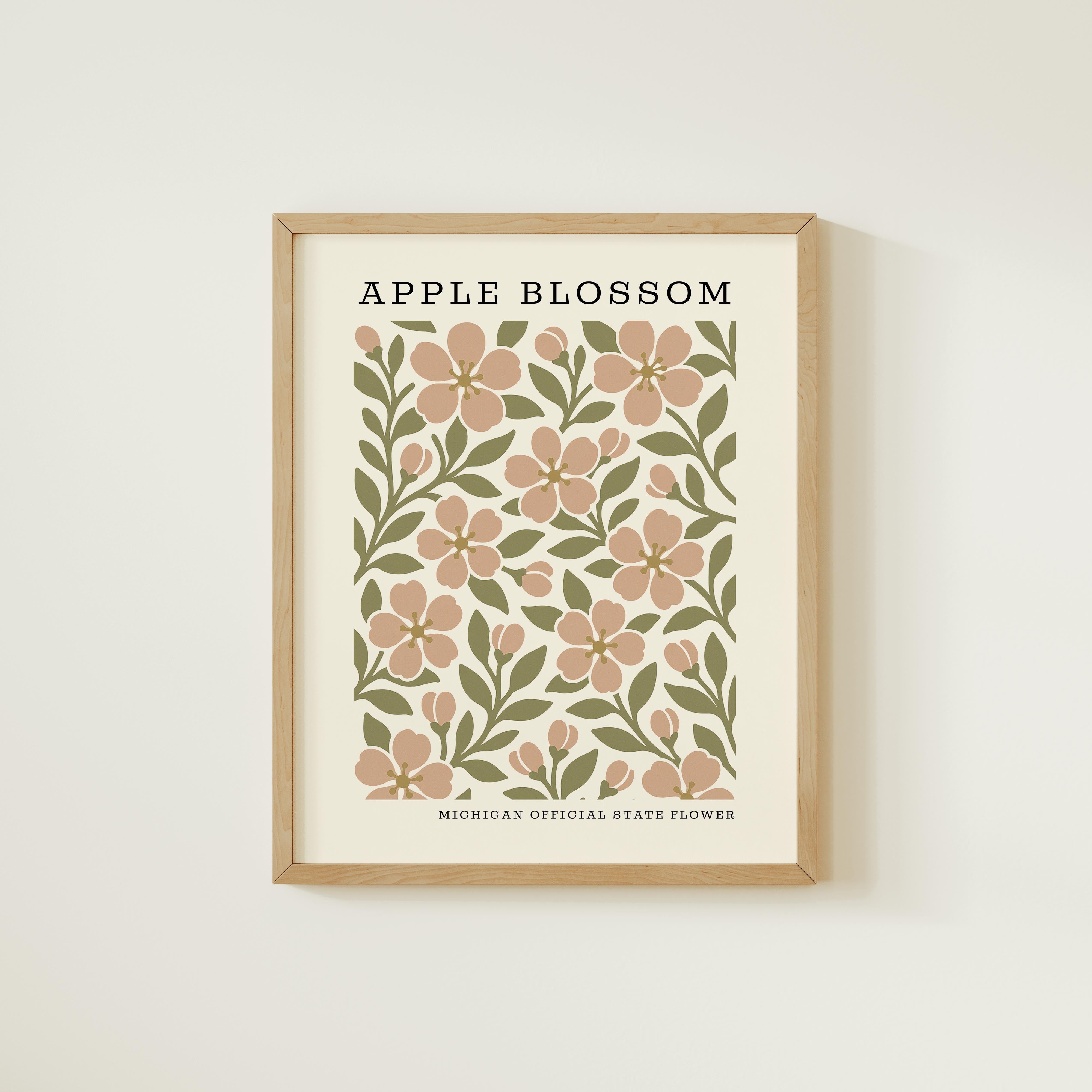 The image is a framed print featuring a repeating pattern of pink flowers with green leaves, which appears to be a design or illustration related to the word "Apple Blossom".